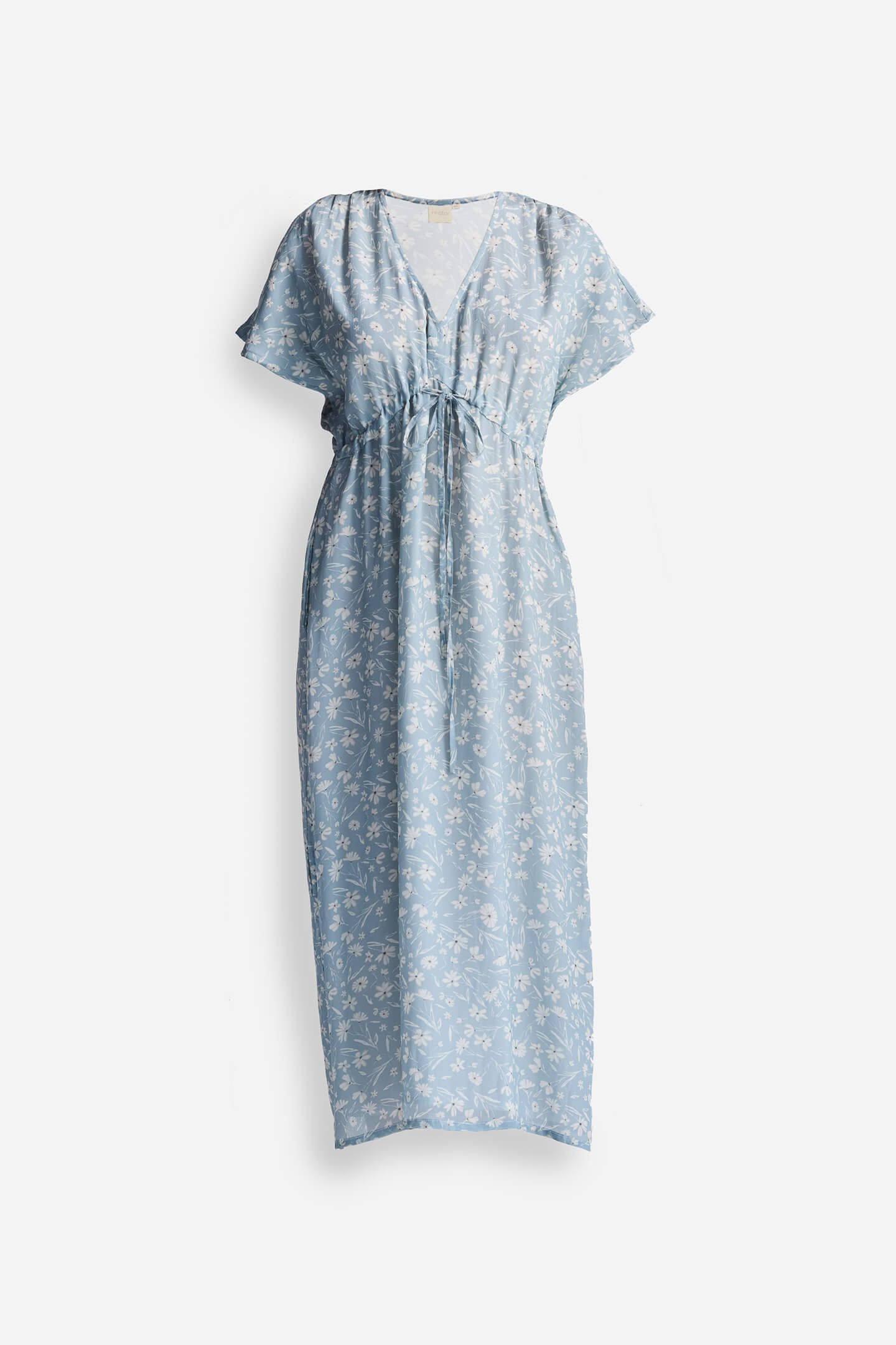 Gathered Maxi Dress in Light Blue Florals Reistor Gathered Maxi Dress in Light Blue Florals Reistor