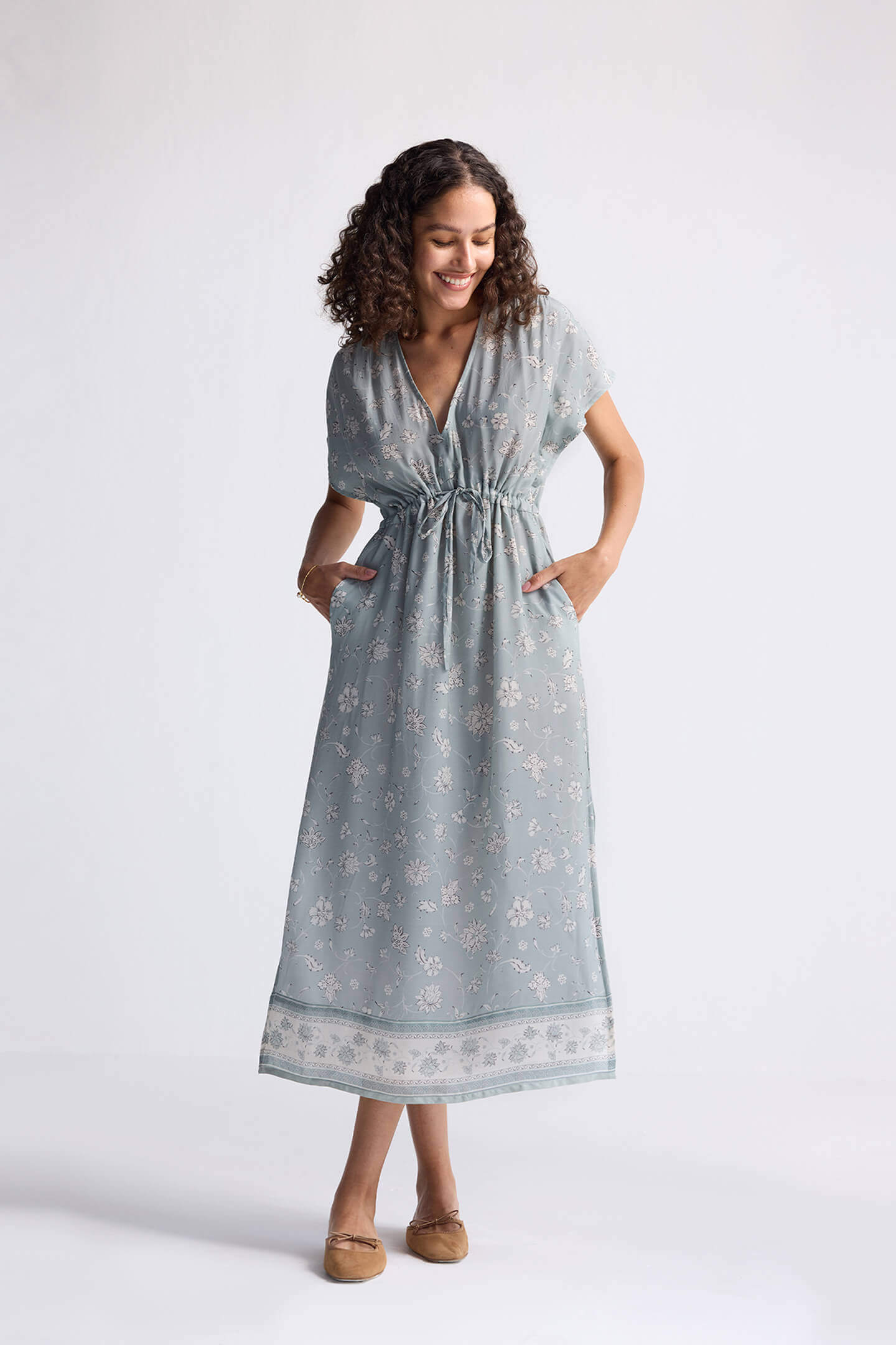 Gathered Maxi Dress in Sage Green Long Shot