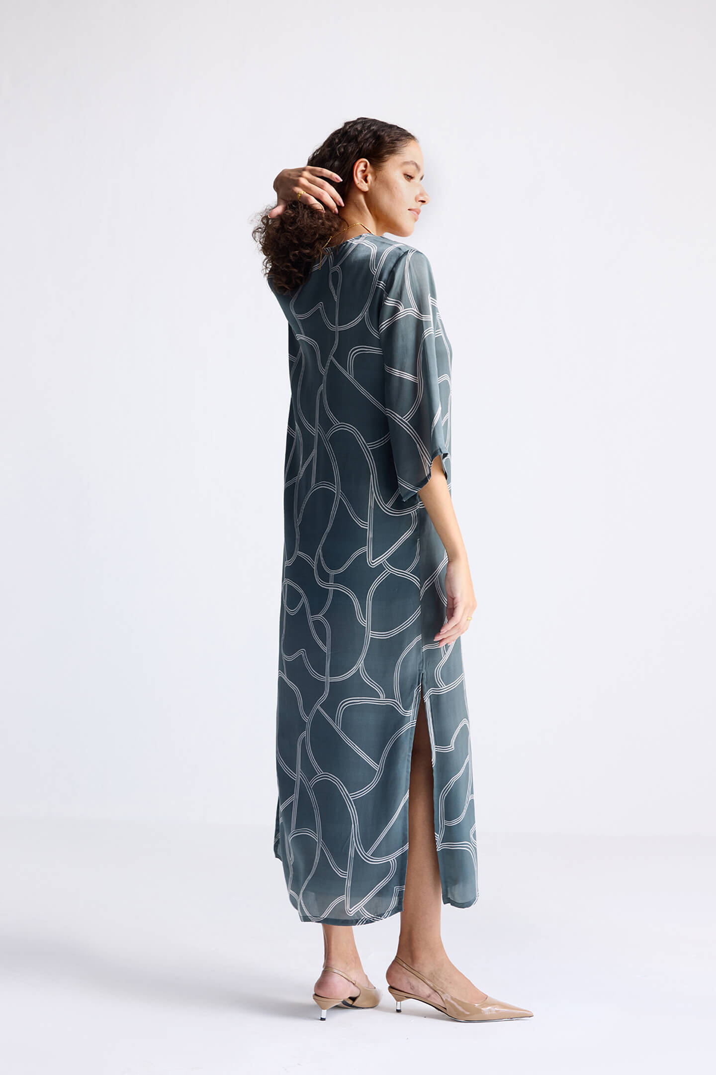 Maxi Dress with Side Slits in Abstract Stripes Long Shot