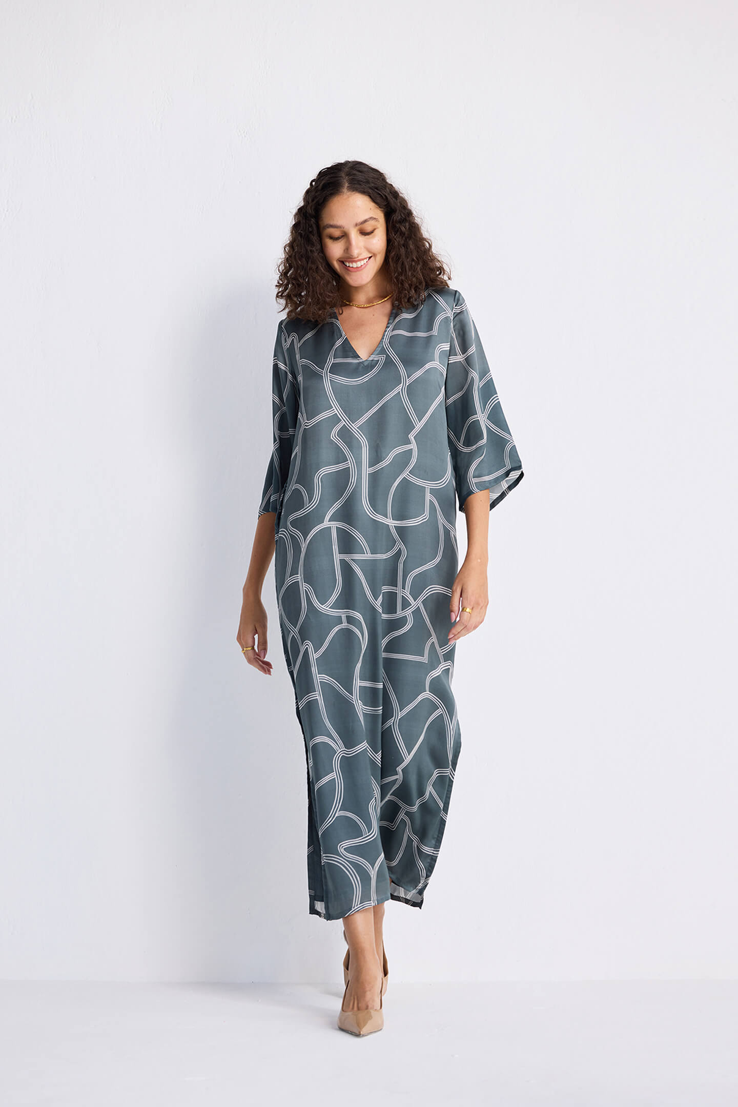 Maxi Dress with Side Slits in Abstract Stripes Long Shot