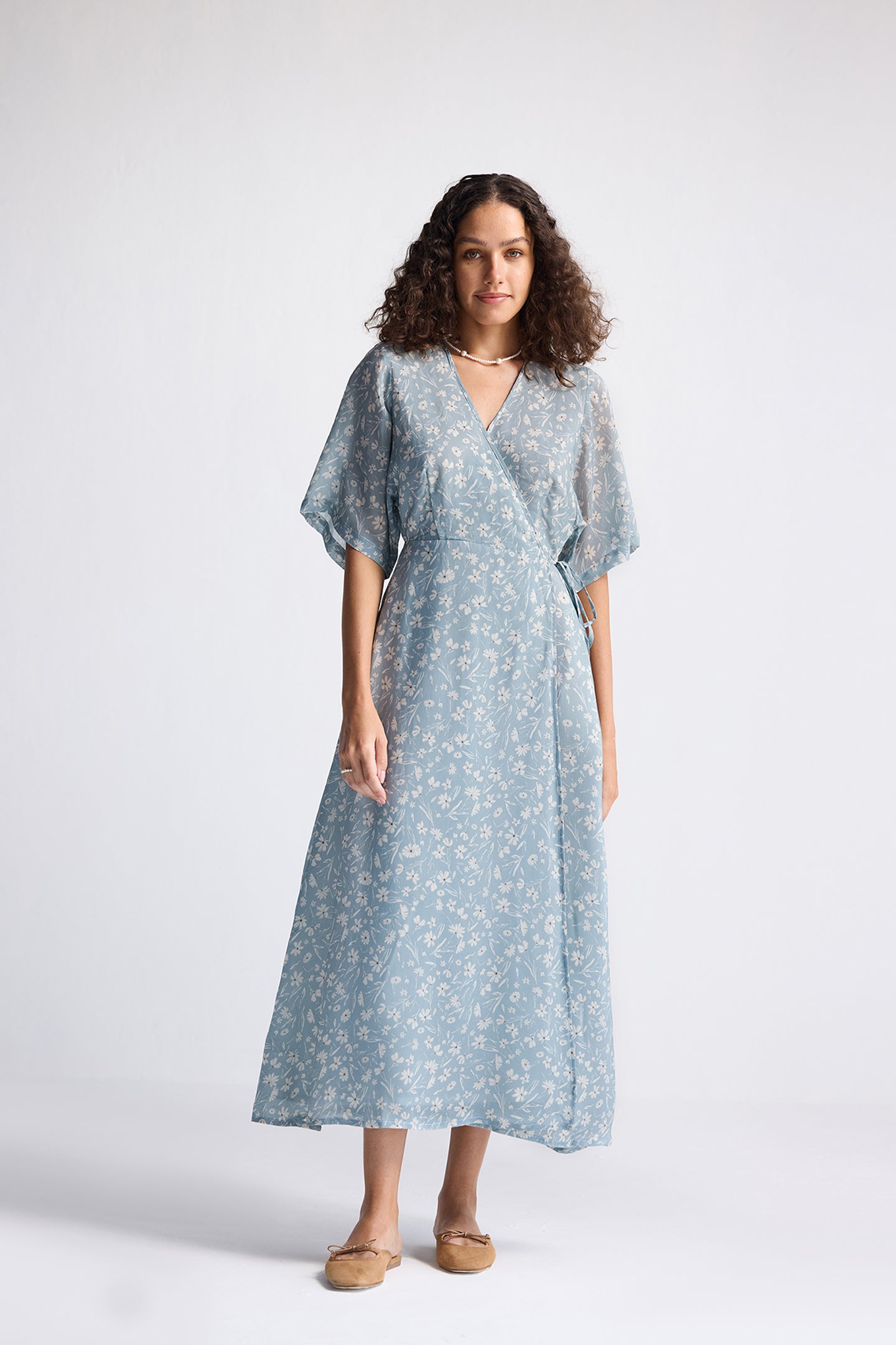 Maxi Wrap Dress in Light Blue Florals Long Shot