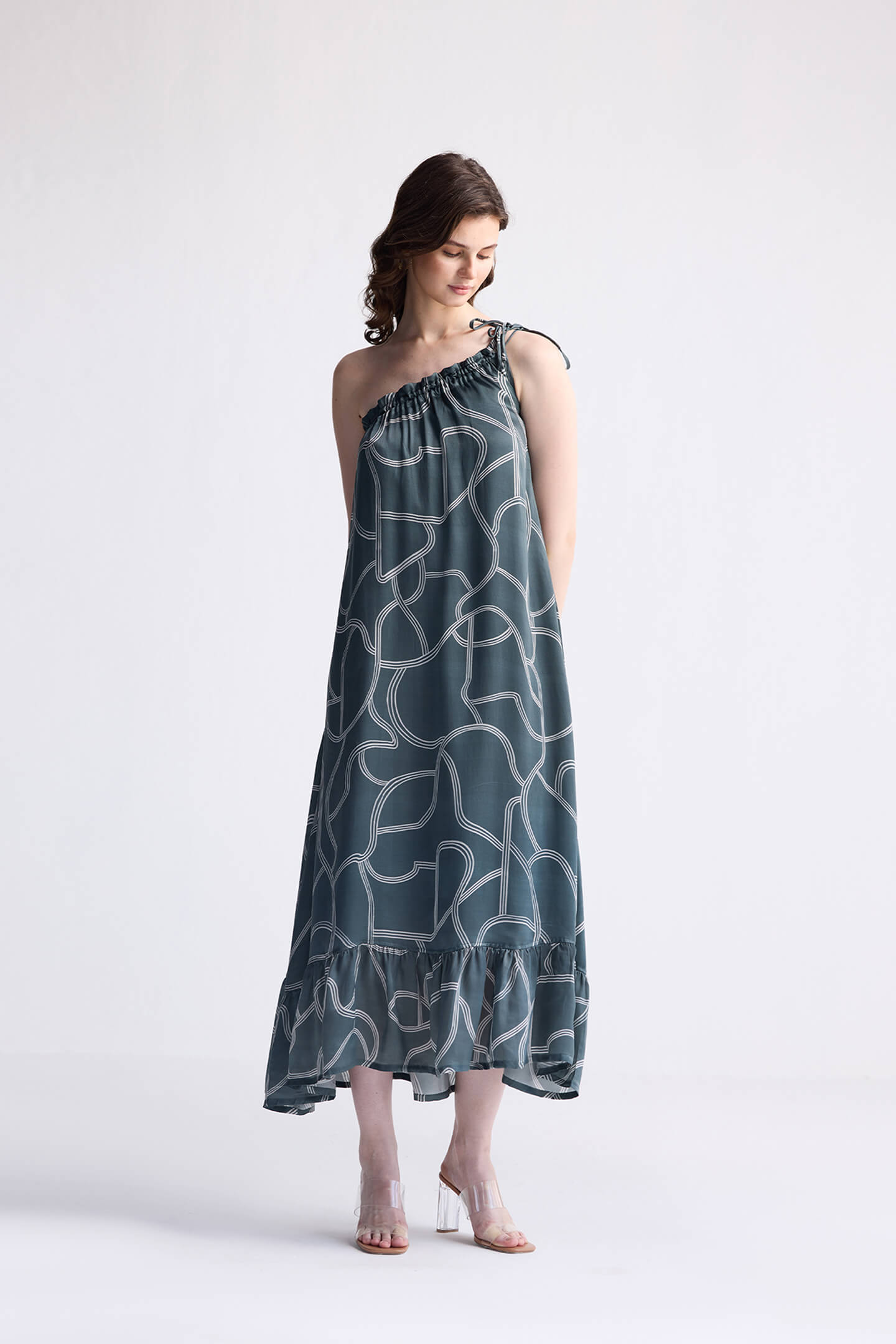 One Shoulder Maxi Dress in Abstract Stripes Long Shot