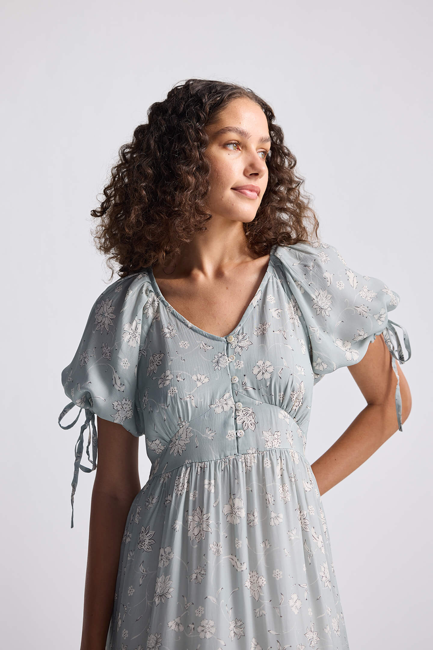 Puff Sleeve Midi Dress in Sage Green Medium Shot