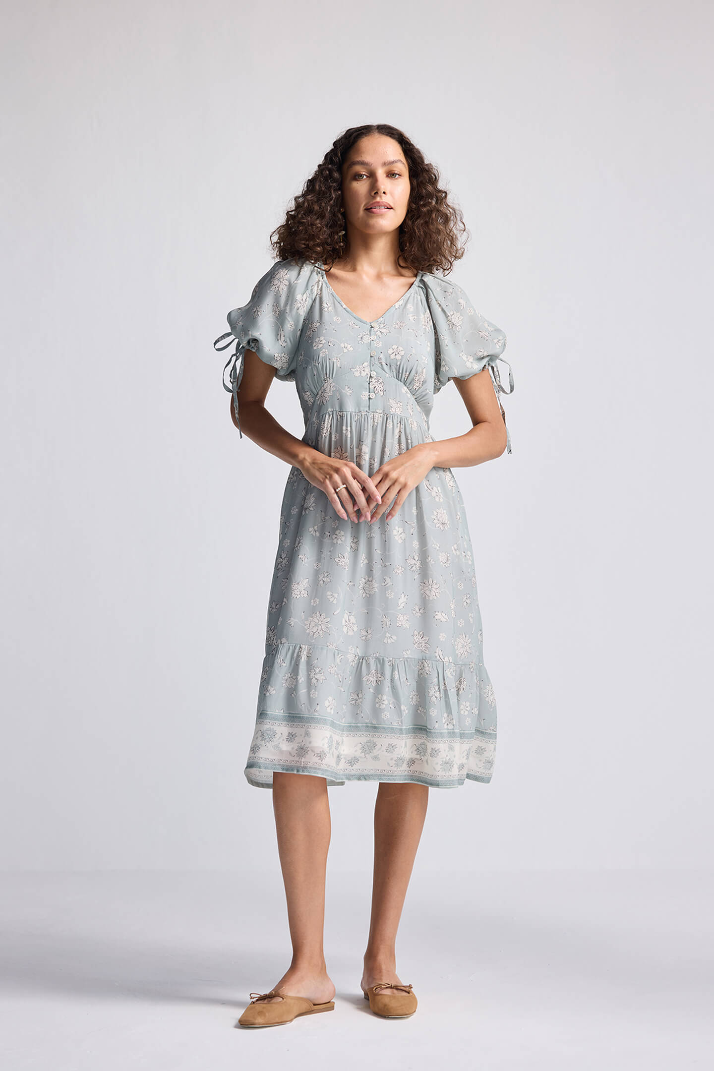 Puff Sleeve Midi Dress in Sage Green Longshot