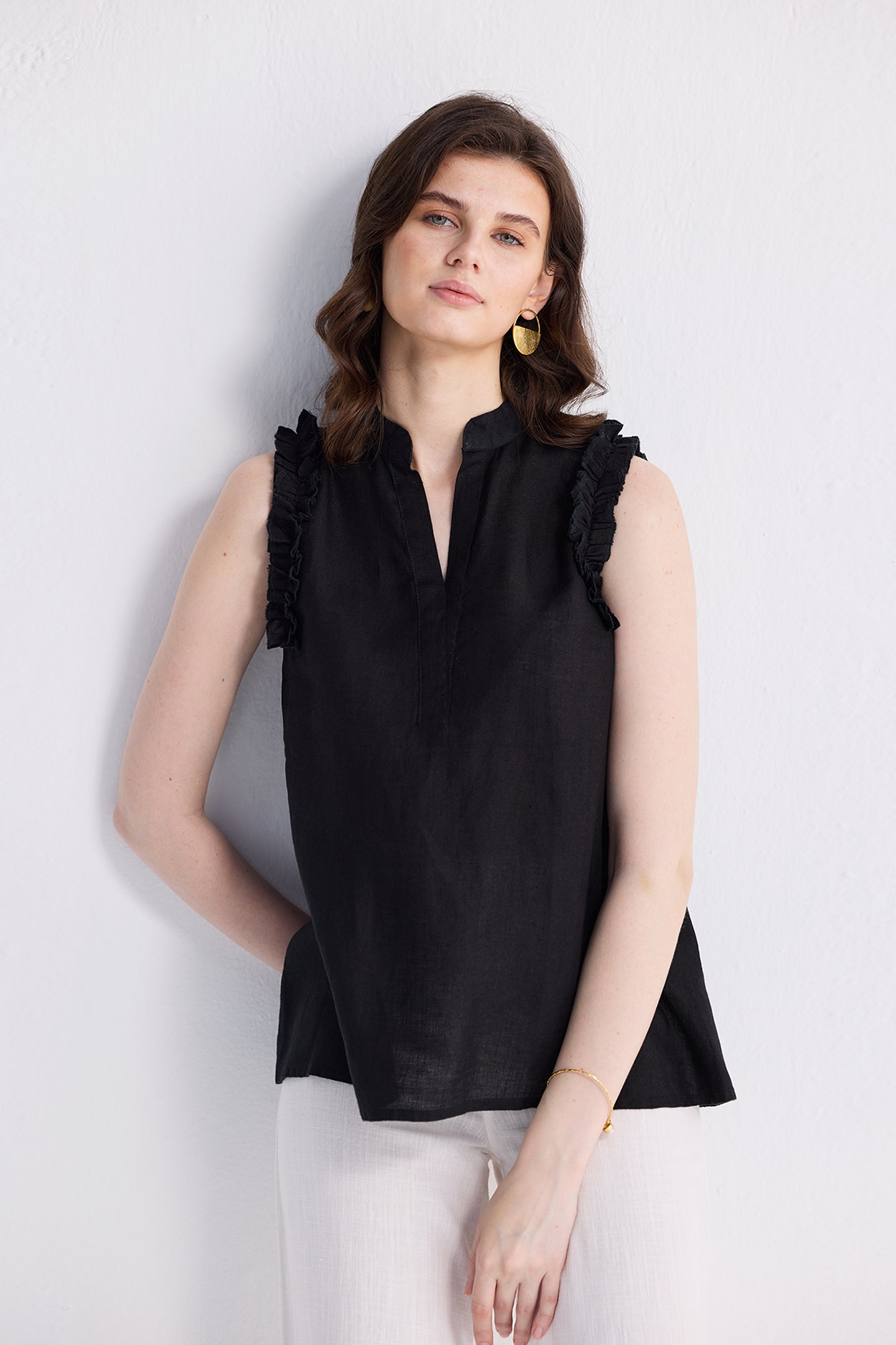 Sleeveless Hemp Top with Ruffles in Black Medium Shot