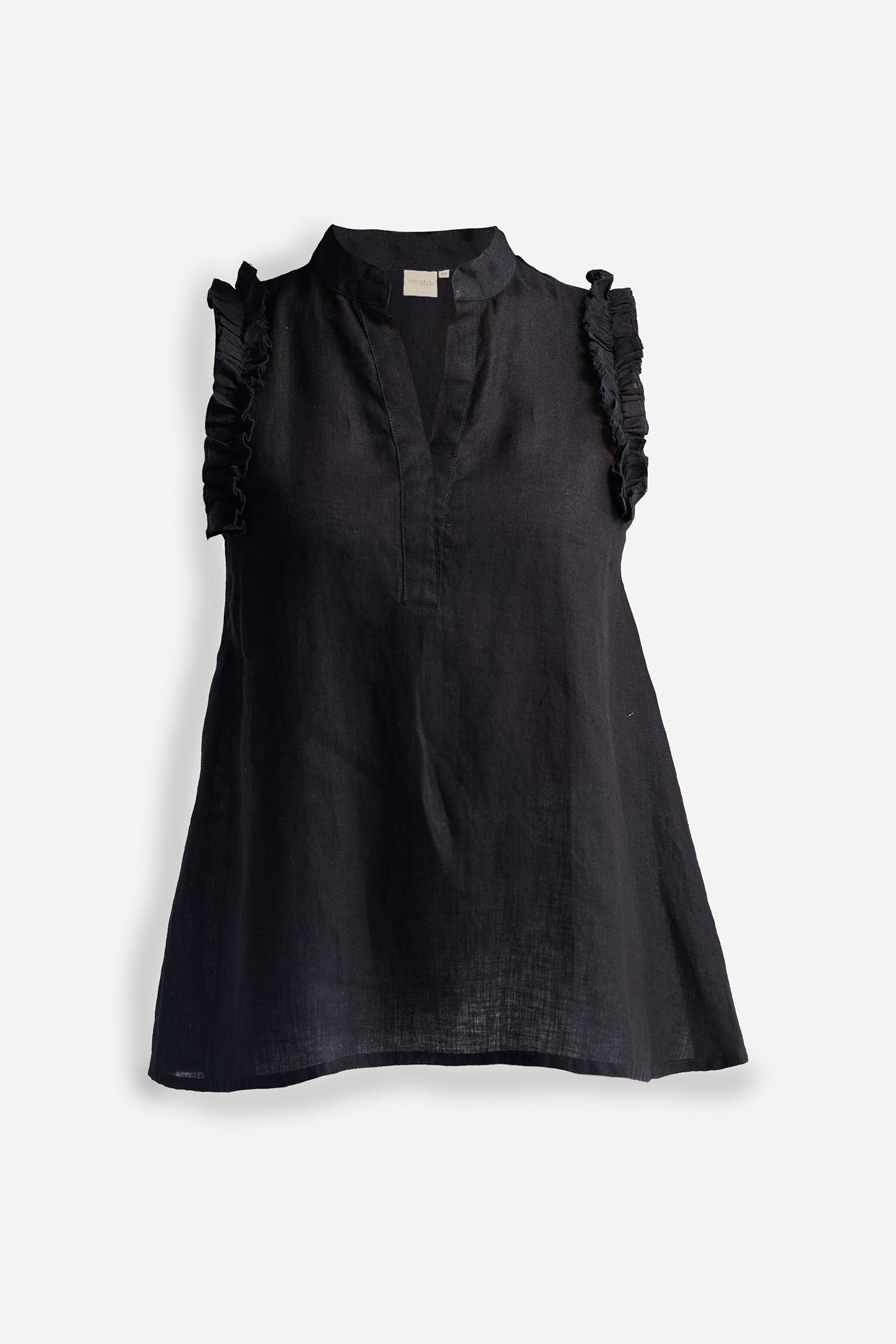 Sleeveless Hemp Top with Ruffles in Black Flat Lay