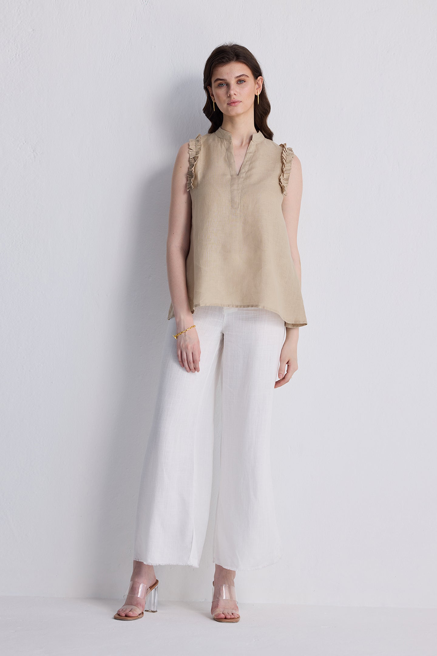 Sleeveless Hemp Top with Ruffles in Neutral Beige Long Shot