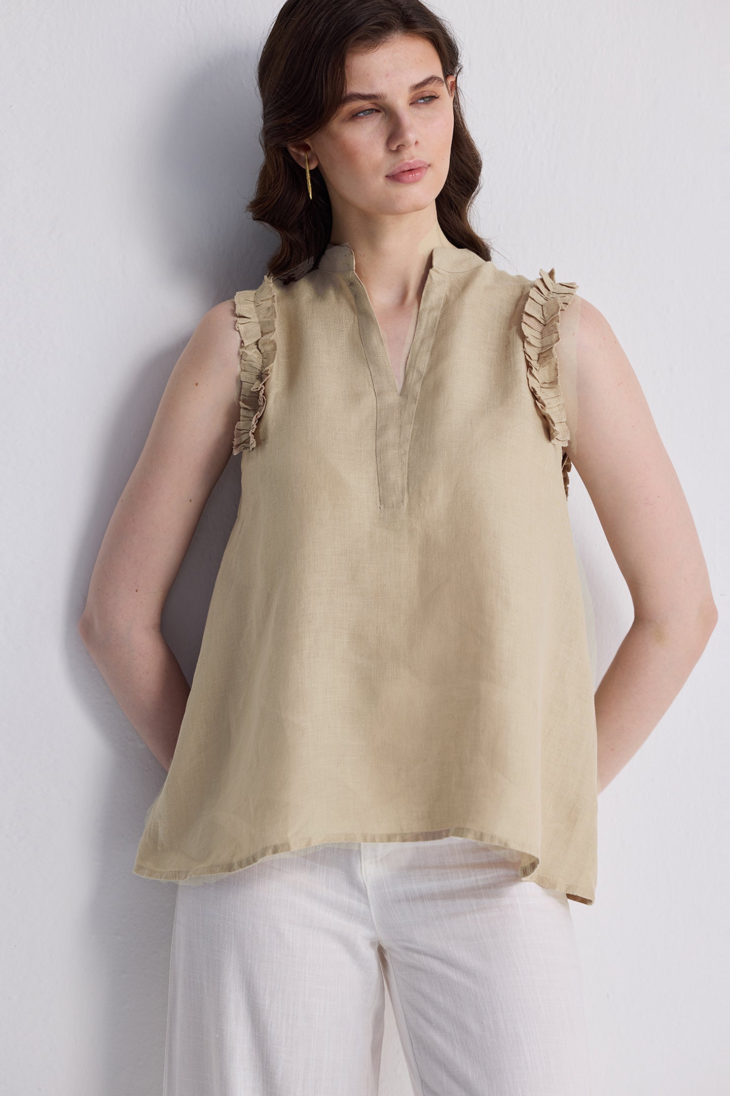 Sleeveless Hemp Top with Ruffles in Neutral Beige Medium Shot
