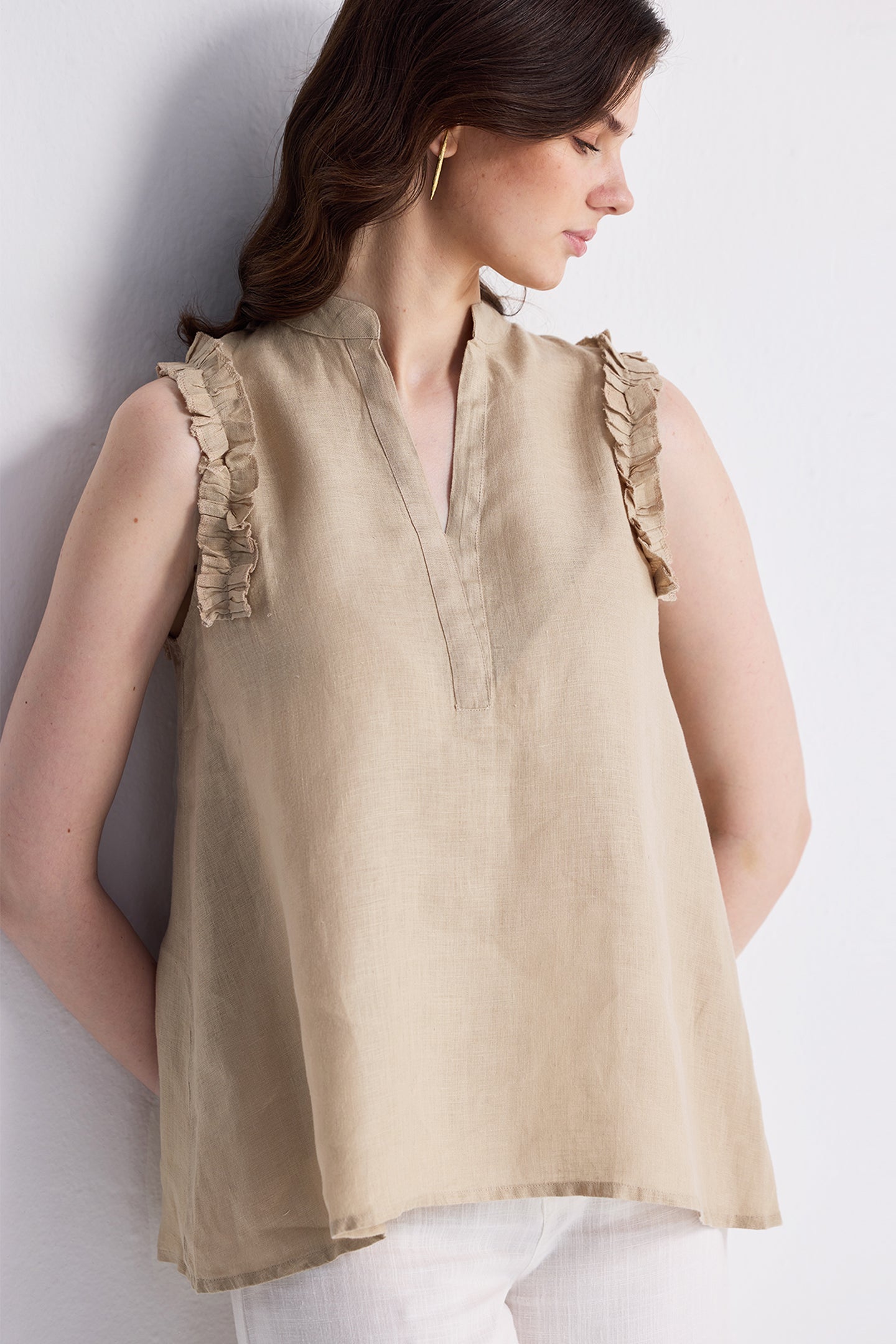 Sleeveless Hemp Top with Ruffles in Neutral Beige Medium Shot