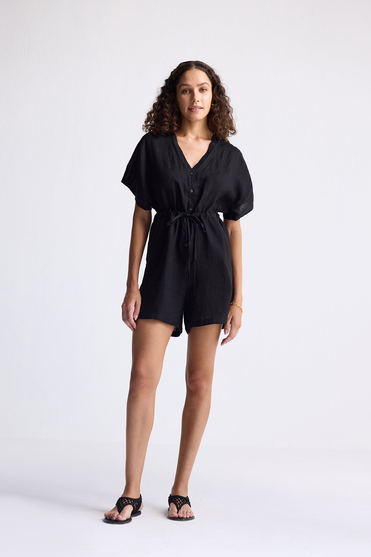 V neck Drawstring Romper in Black Longshot