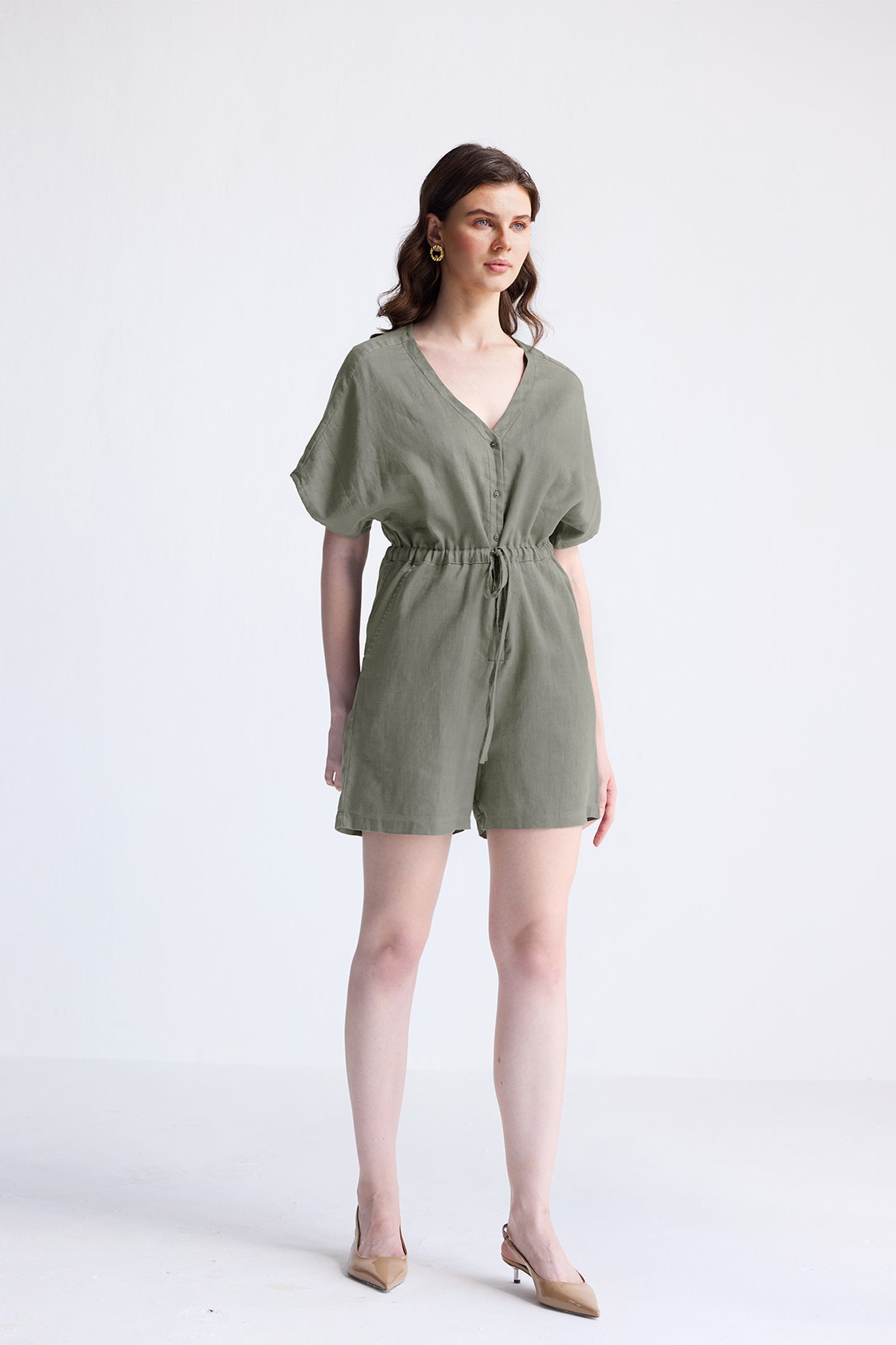 V neck Drawstring Romper in Dark Green Long Shot