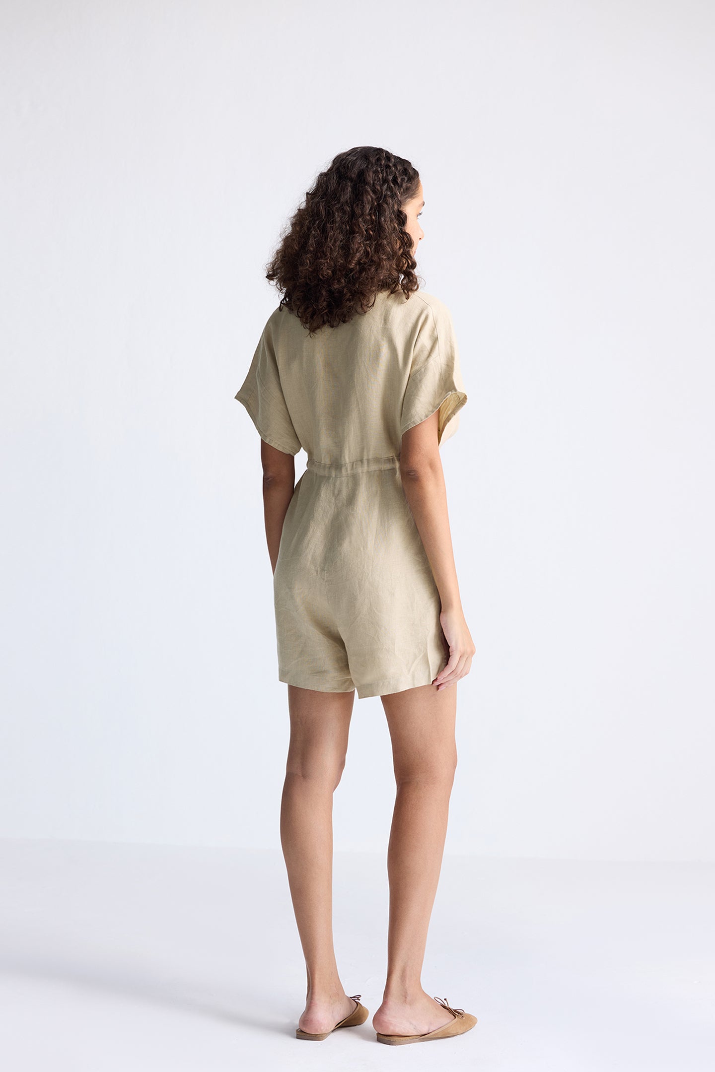 V neck Drawstring Romper in Neutral Beige Long Shot