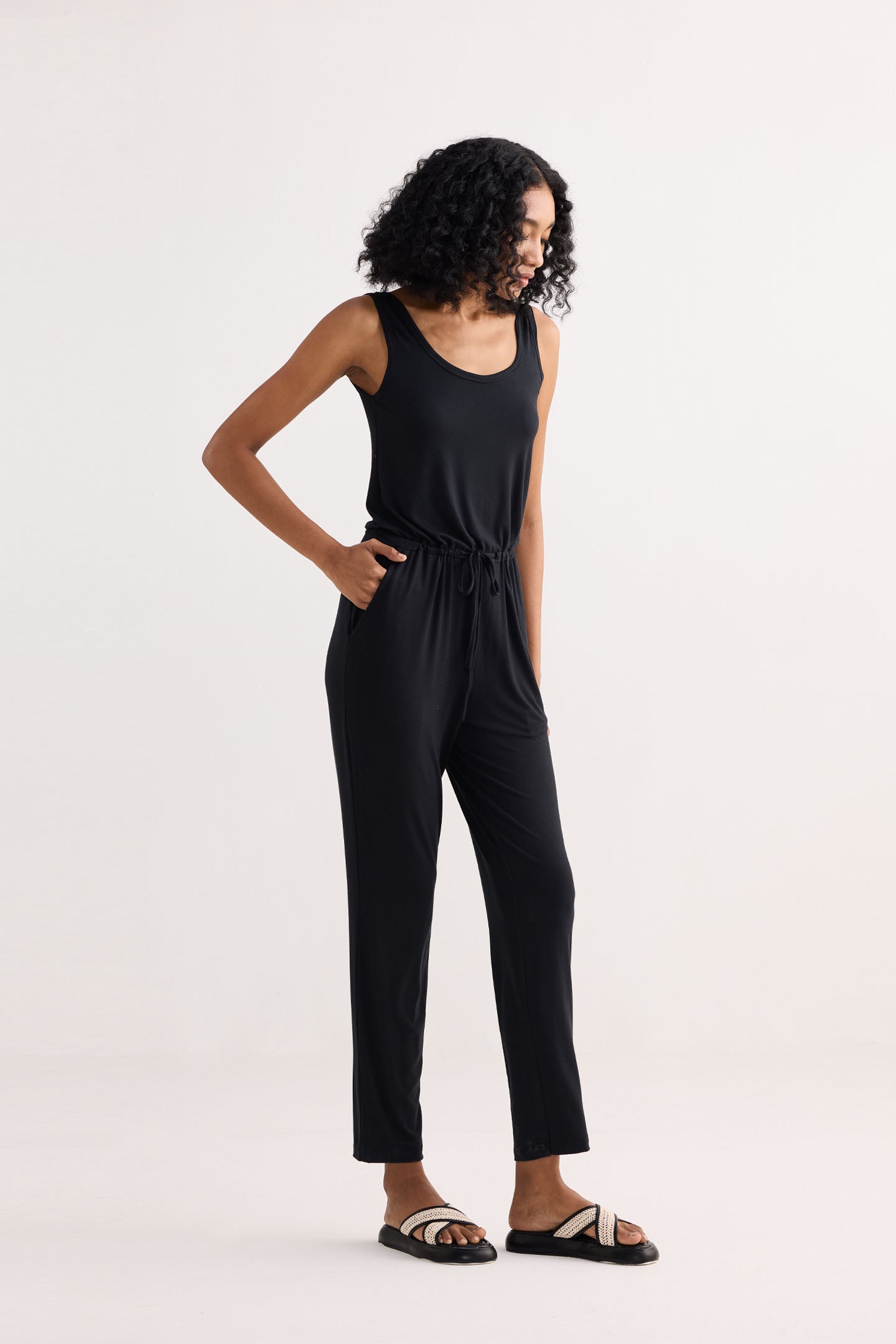 Relaxed Drawstring Jumpsuit in Black Side