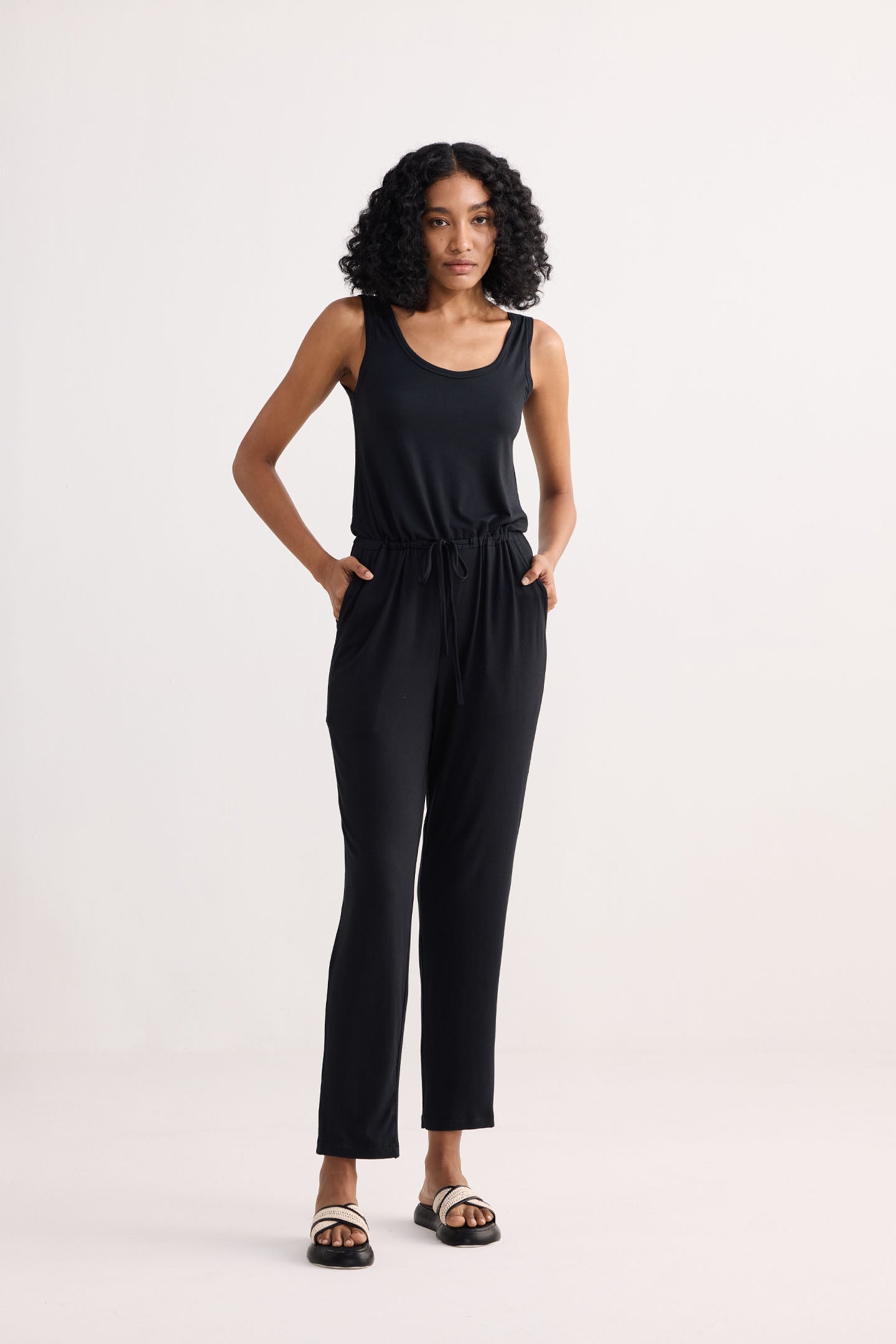 Relaxed Drawstring Jumpsuit in Black Front
