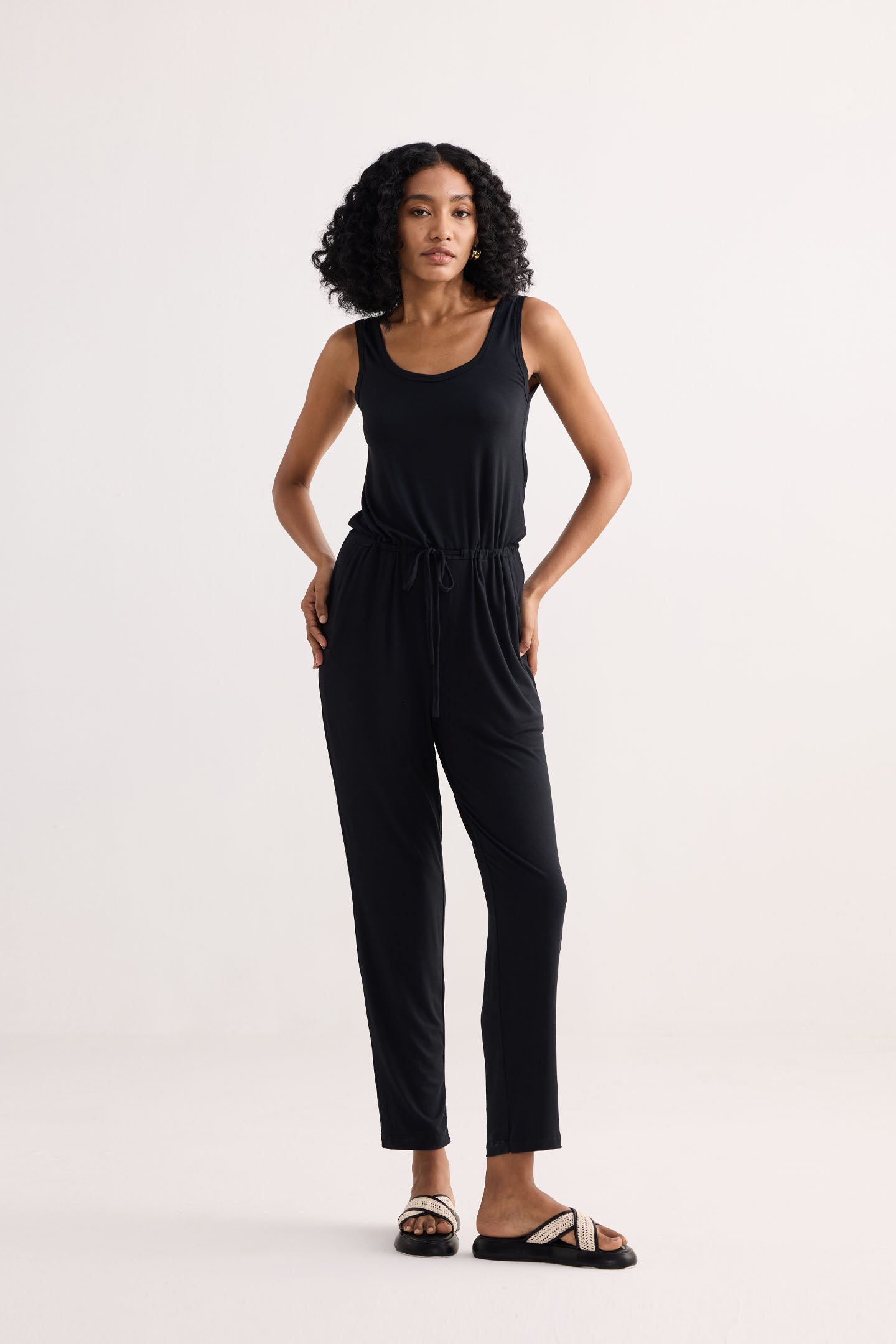 Relaxed Drawstring Jumpsuit in Black