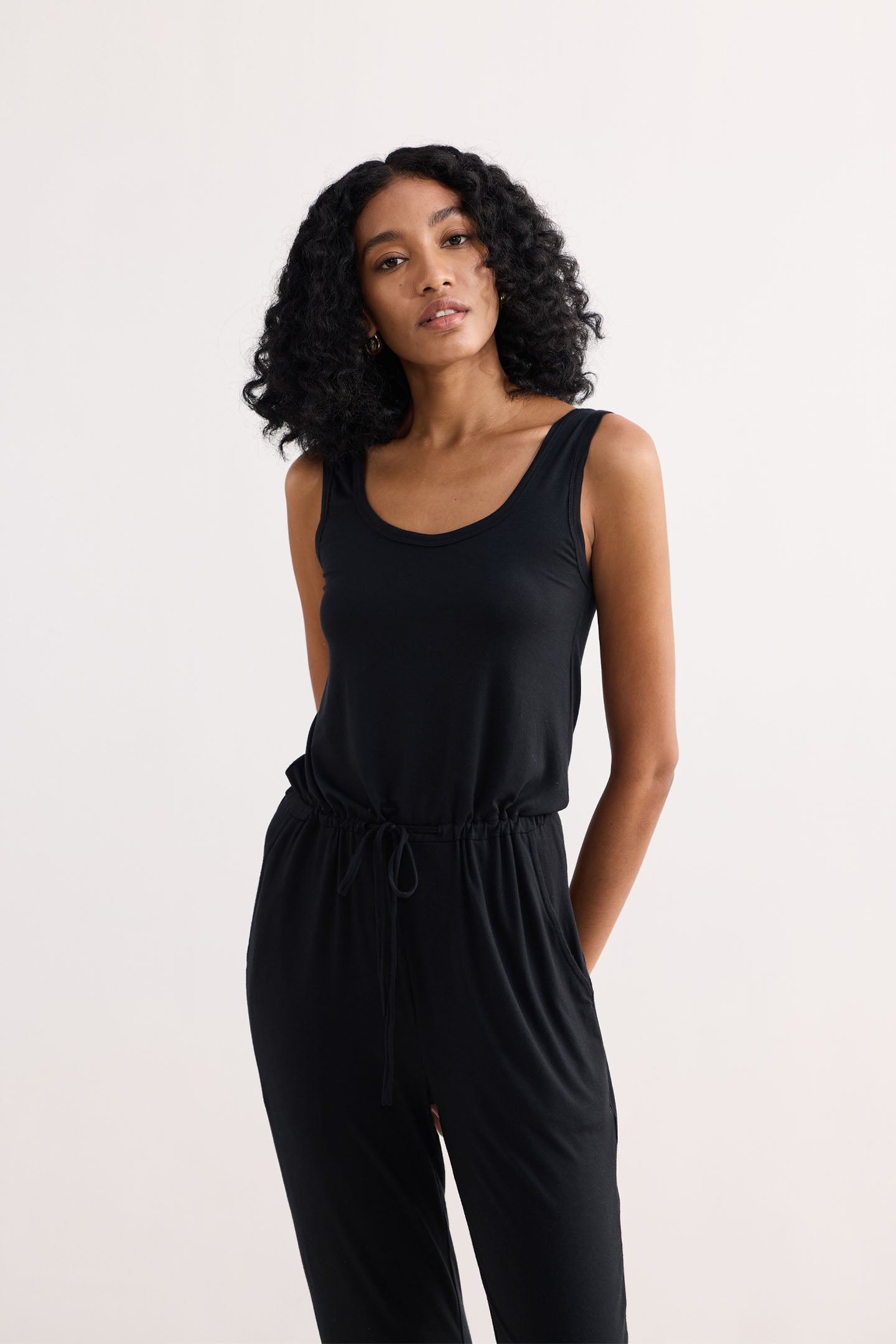 Relaxed Drawstring Jumpsuit in Black Front