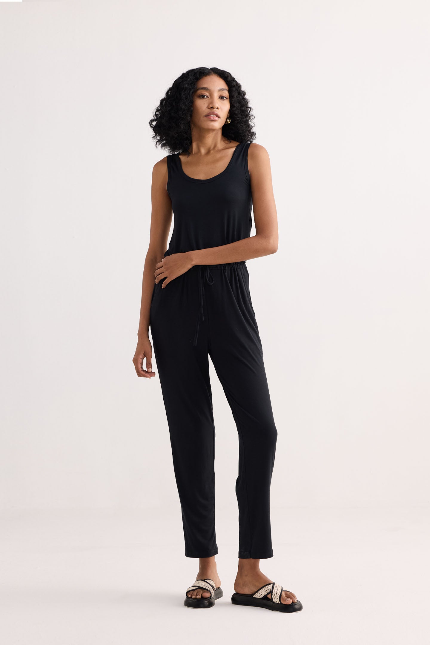 Relaxed Drawstring Jumpsuit in Black Front