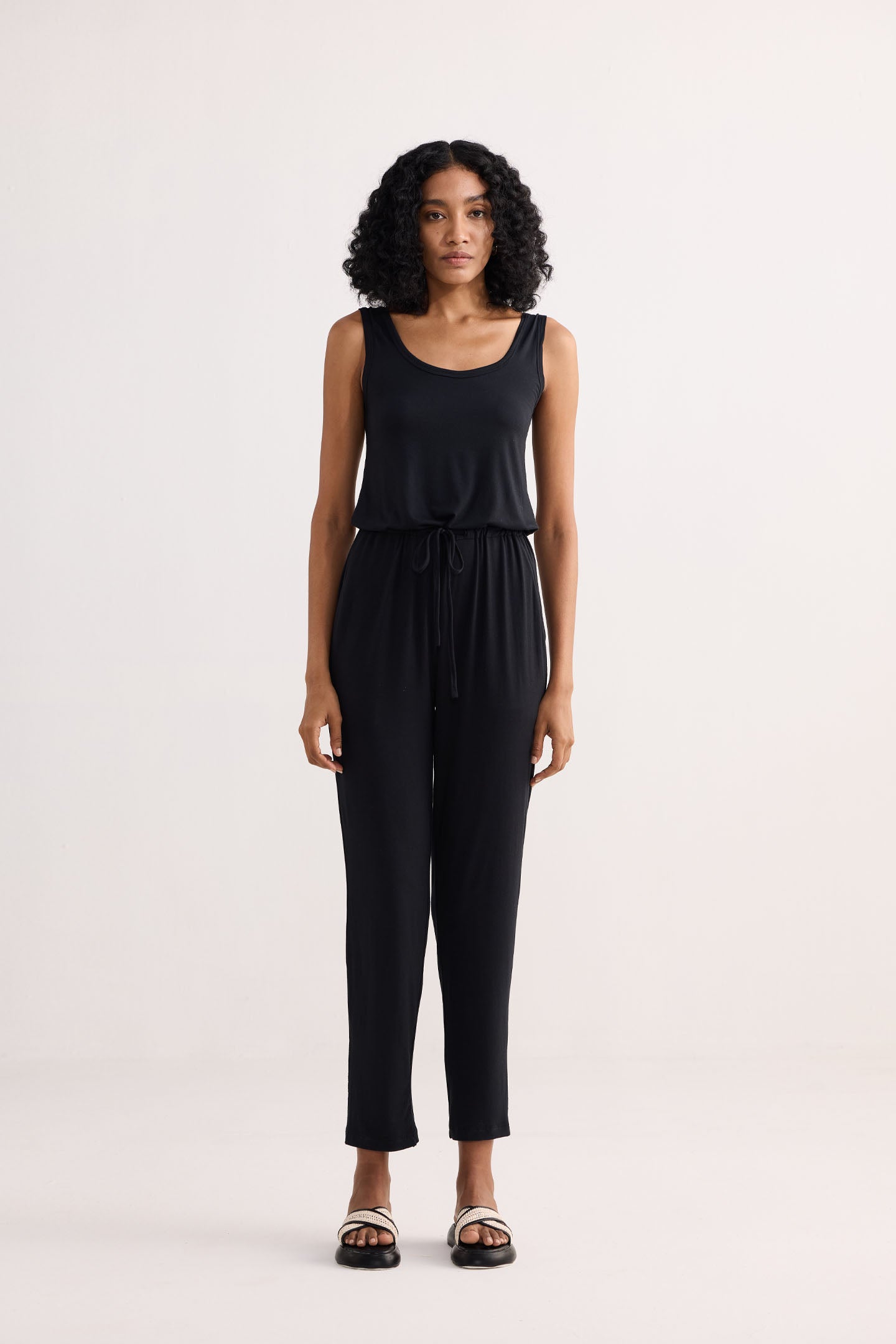 Relaxed Drawstring Jumpsuit in Black Front