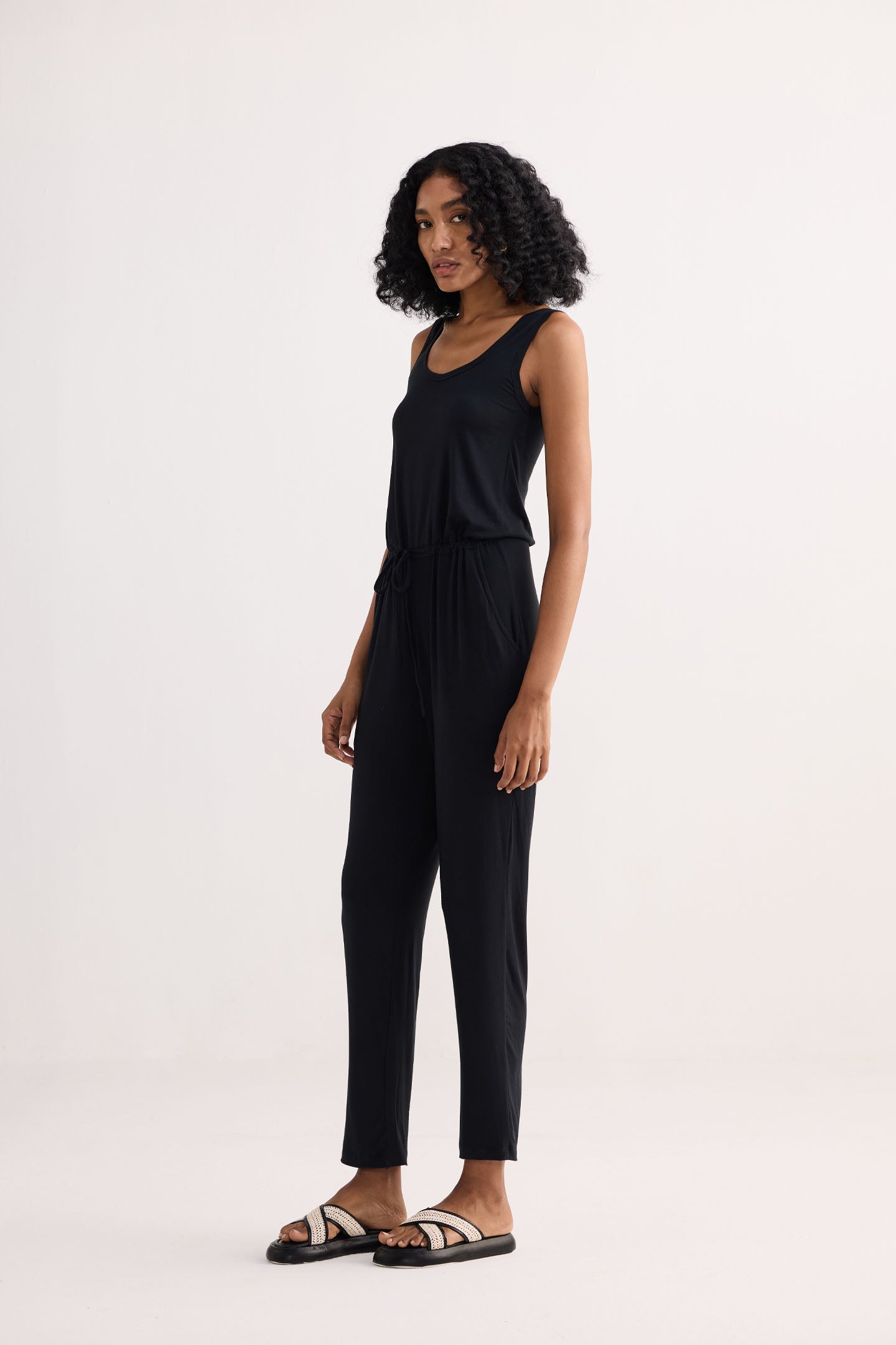 Relaxed Drawstring Jumpsuit in Black