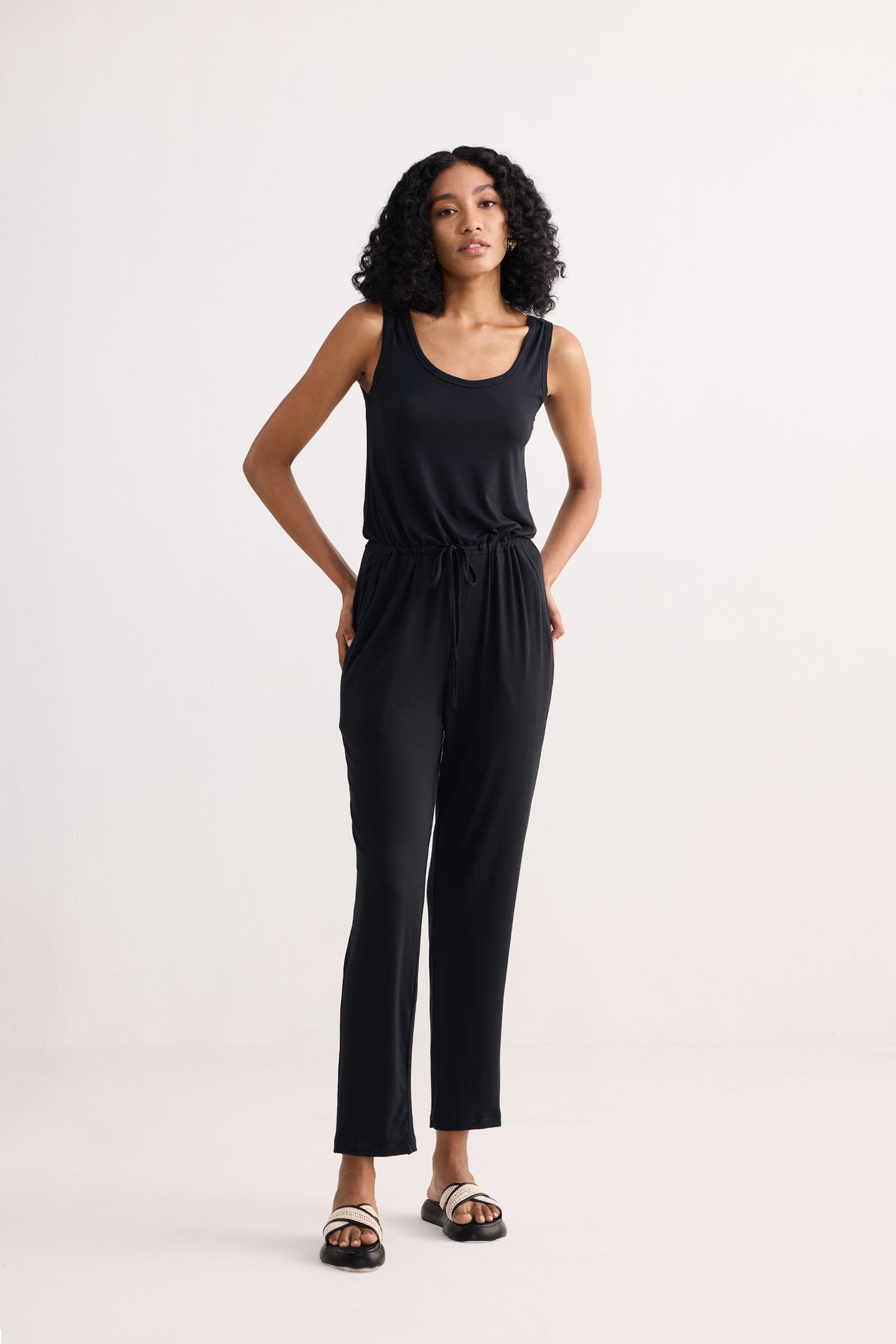 Relaxed Drawstring Jumpsuit in Black Front