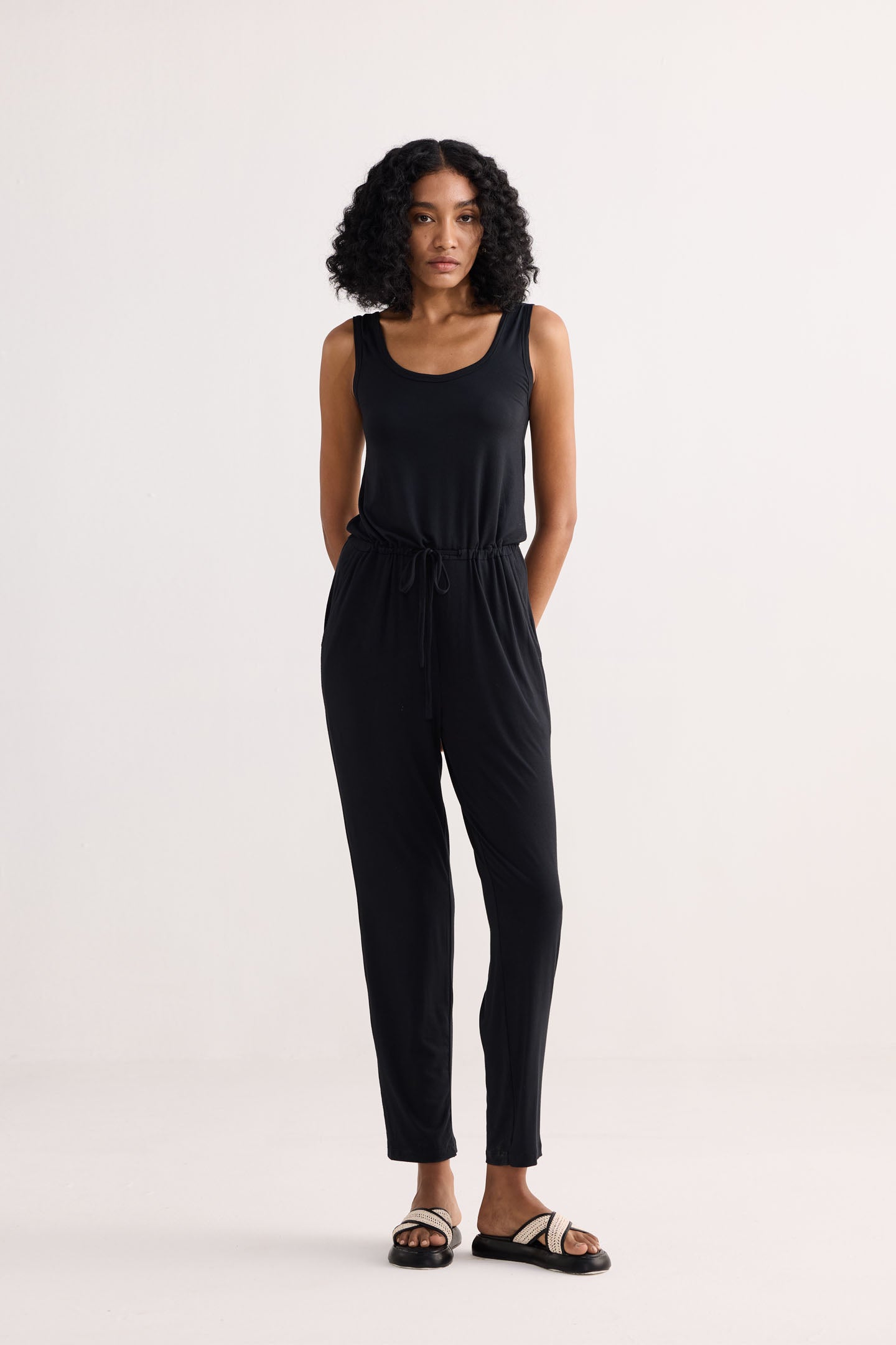 Relaxed Drawstring Jumpsuit in Black