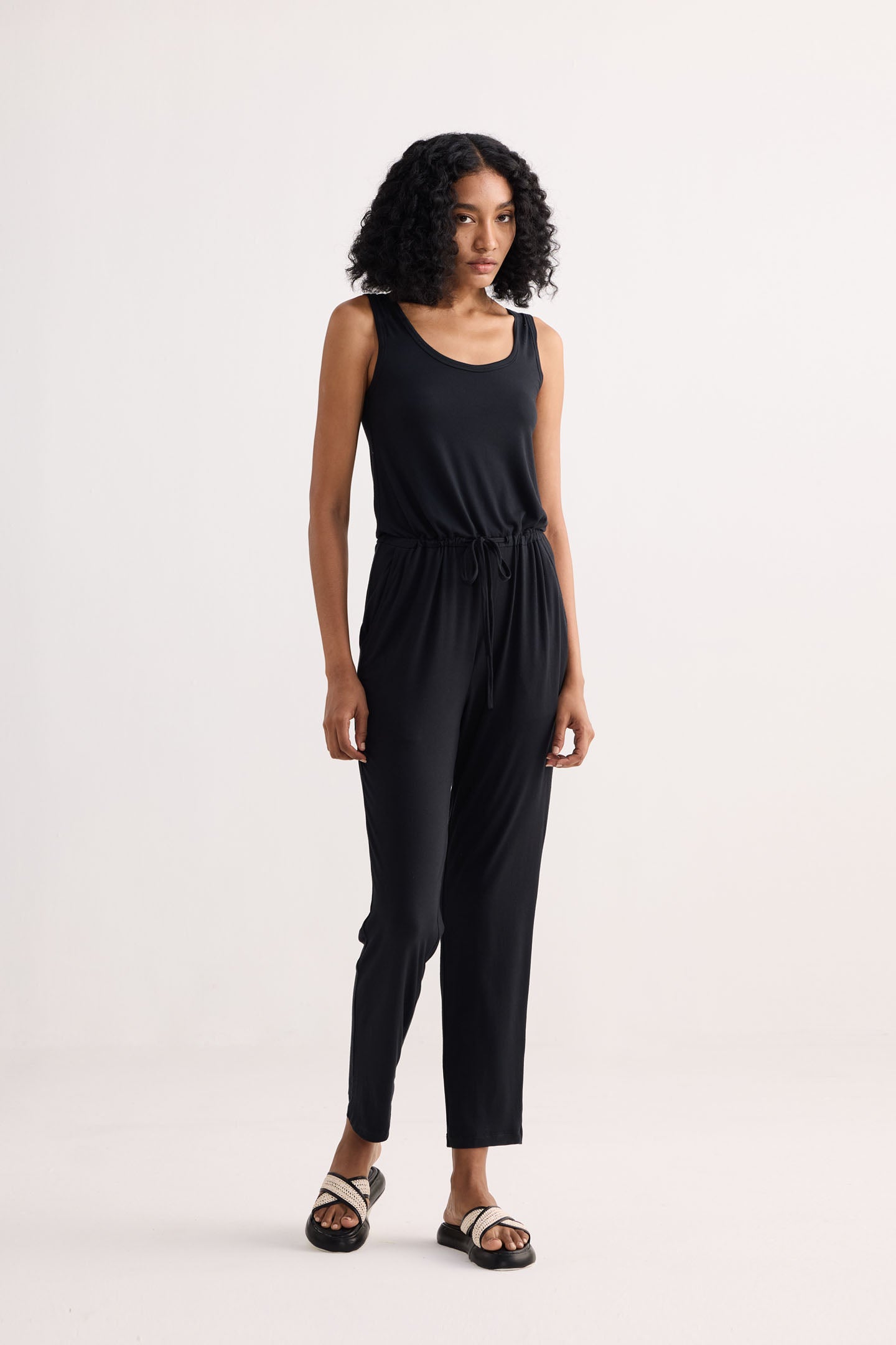Relaxed Drawstring Jumpsuit in Black Front
