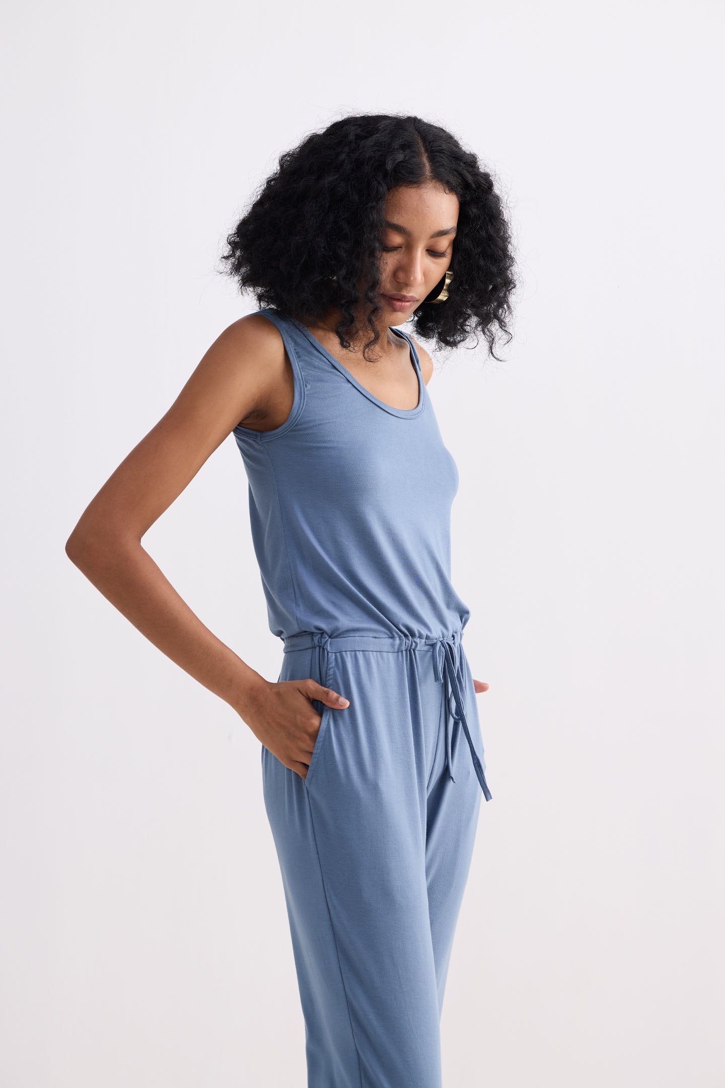 Relaxed Drawstring Jumpsuit in Blue Side