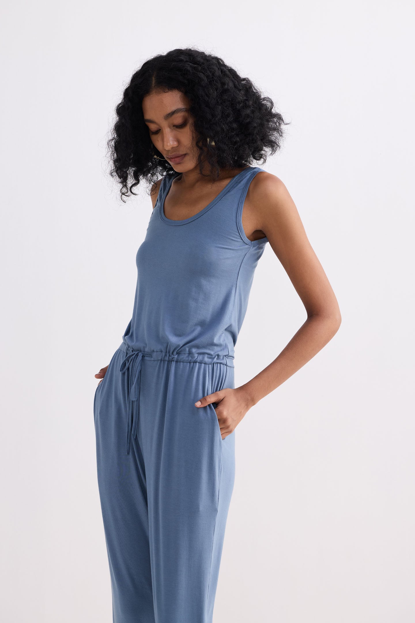 Relaxed Drawstring Jumpsuit in Blue Side