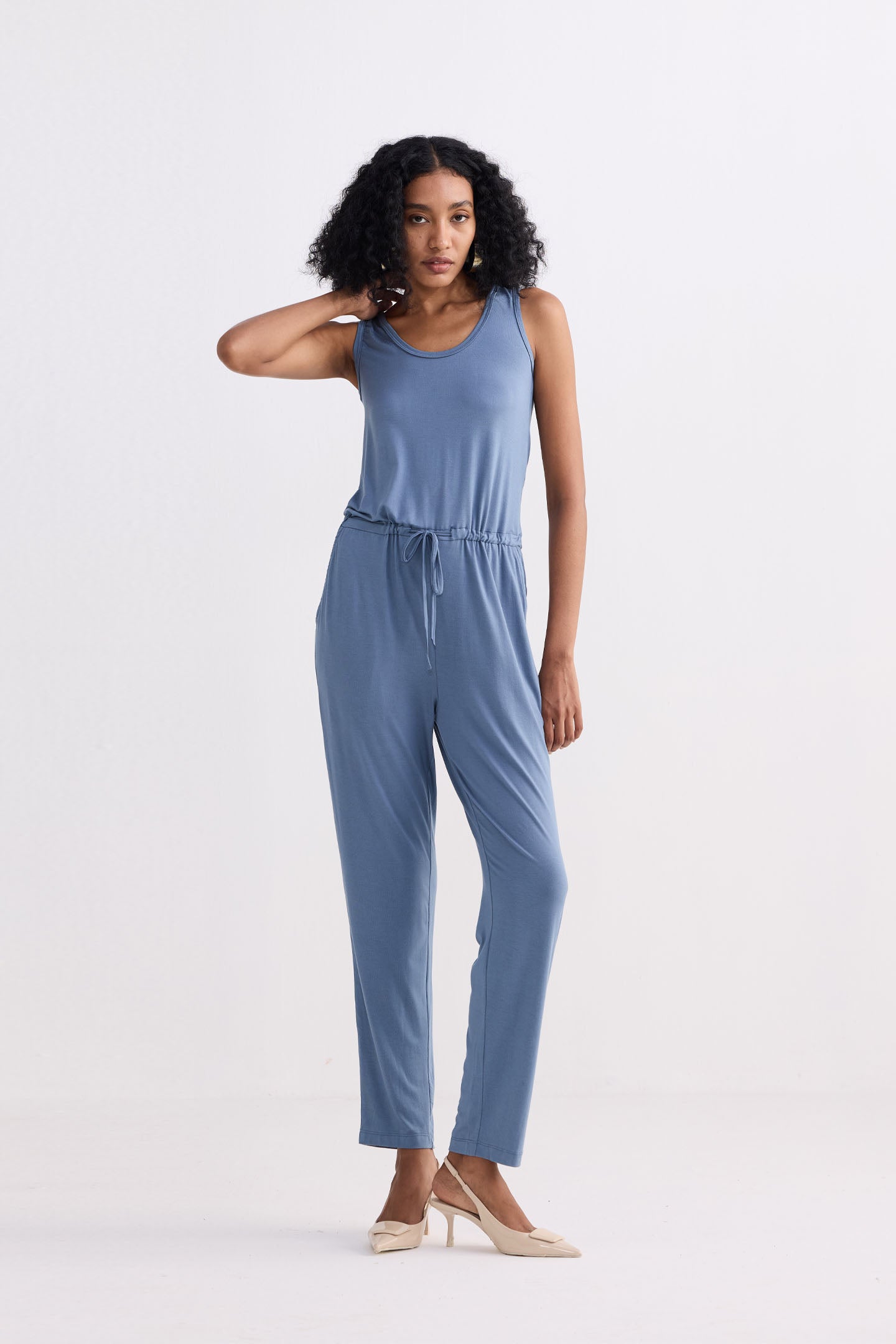 Relaxed Drawstring Jumpsuit in Blue Front