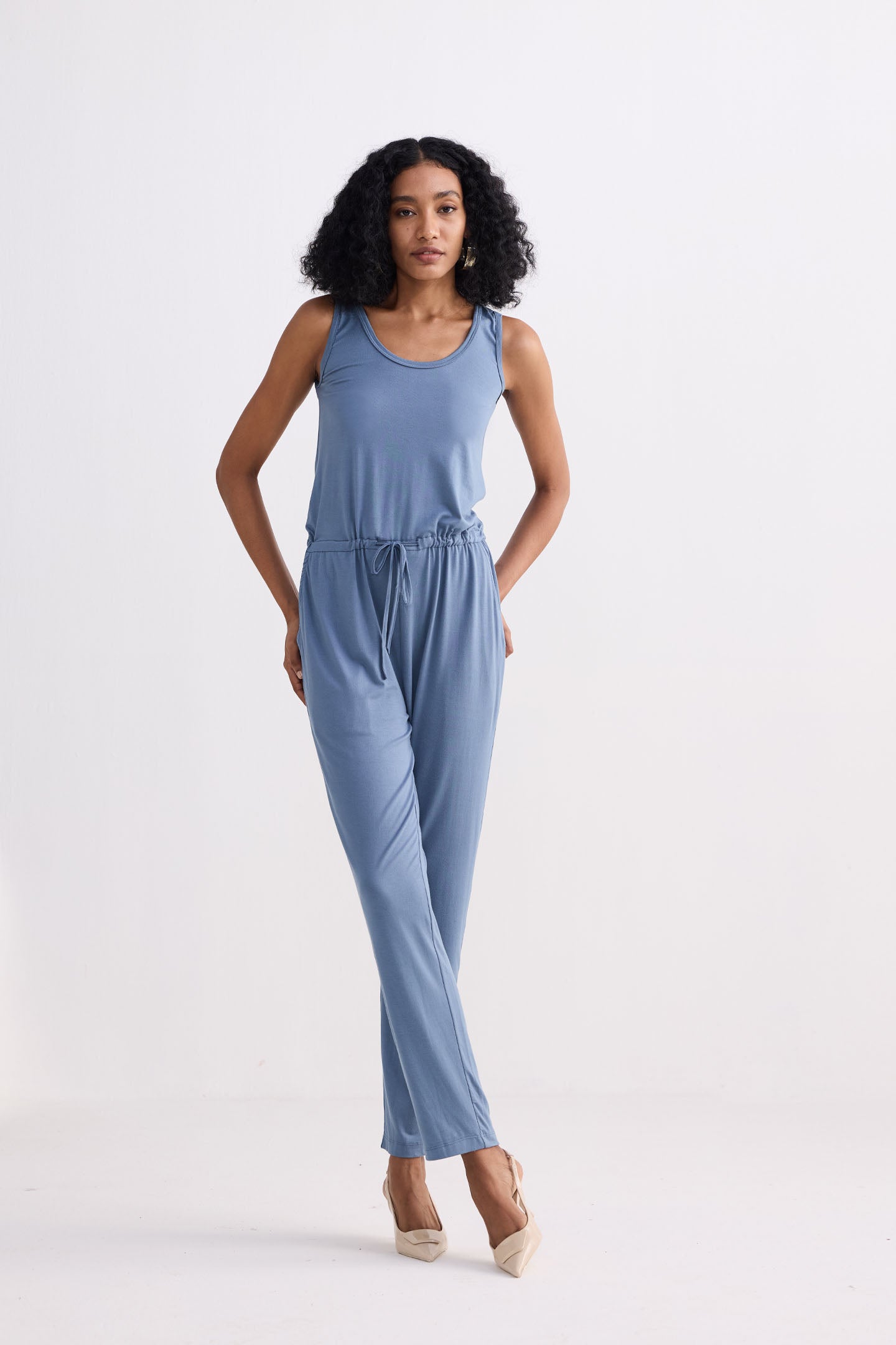 Relaxed Drawstring Jumpsuit in Blue Moodshot