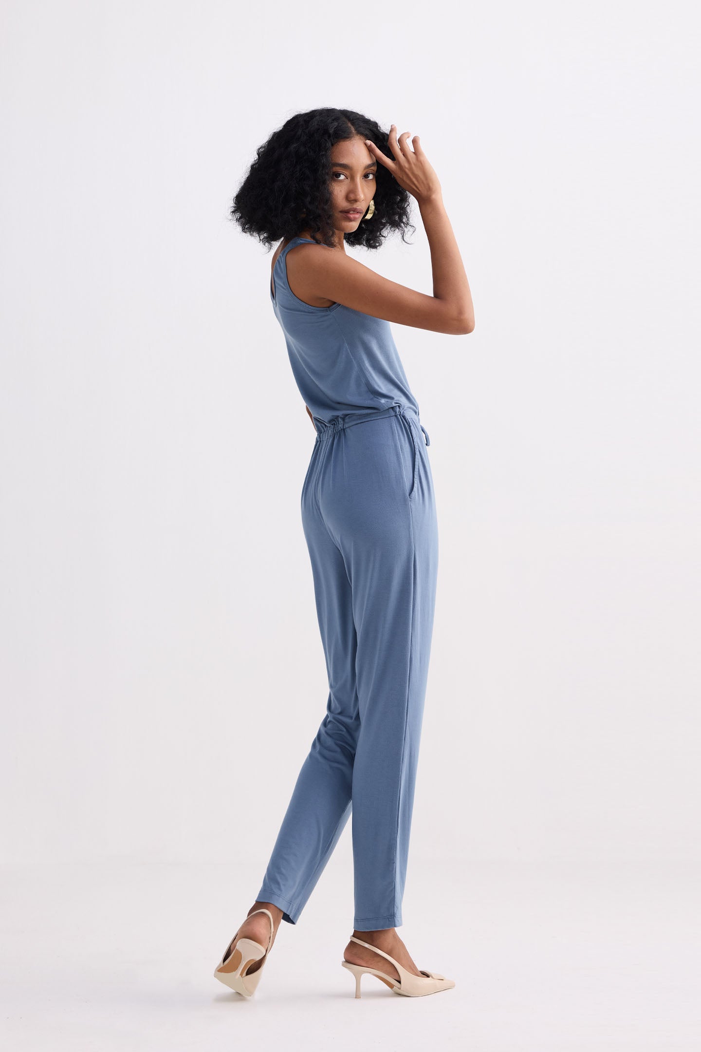Relaxed Drawstring Jumpsuit in Blue Side