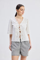 Relaxed Fit Top With Ruffles and Front-Ties in White