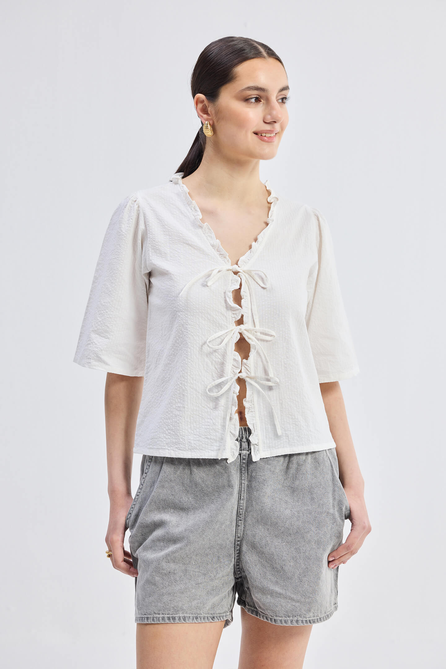 Relaxed Fit Top With Ruffles and Front-Ties in White