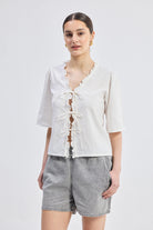 Relaxed Fit Top With Ruffles and Front-Ties in White