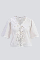 Relaxed Fit Top With Ruffles and Front-Ties in White