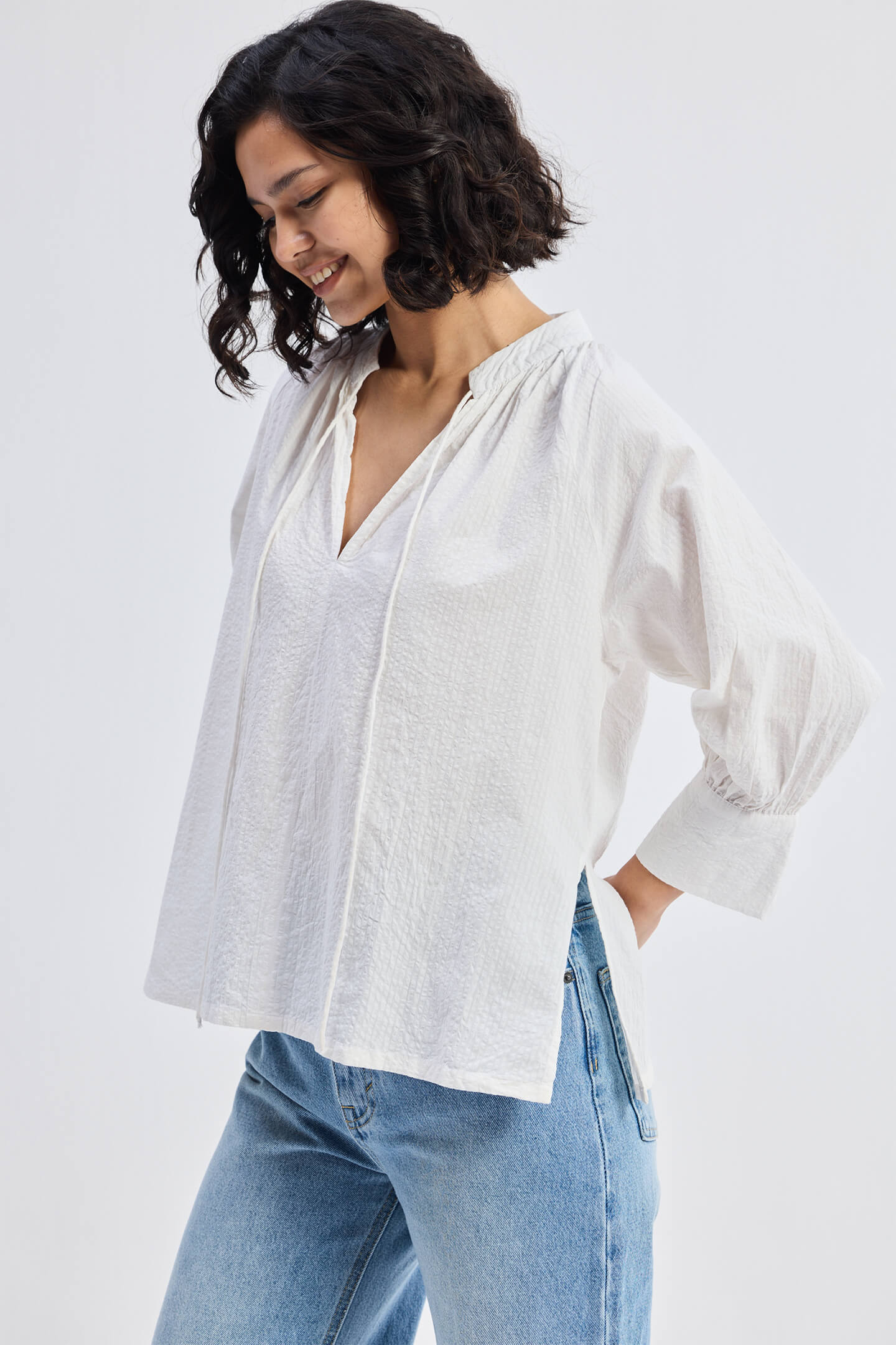 Relaxed Fit Top with Front-tie in White