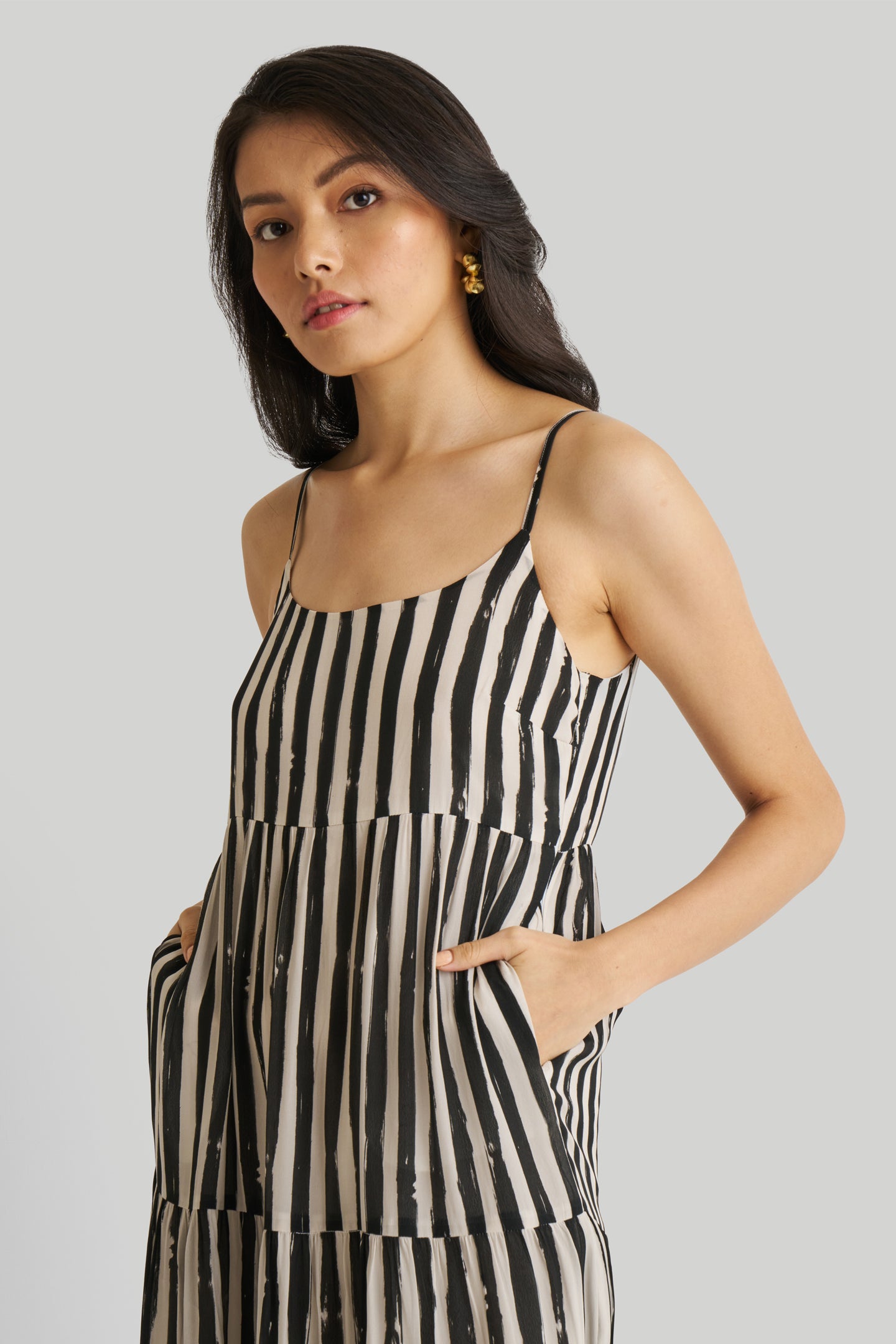 Strappy Tiered Maxi Dress in Black Stripes Striped Down / S Strappy Tiered Maxi Dress in Black Stripes Striped Down / S