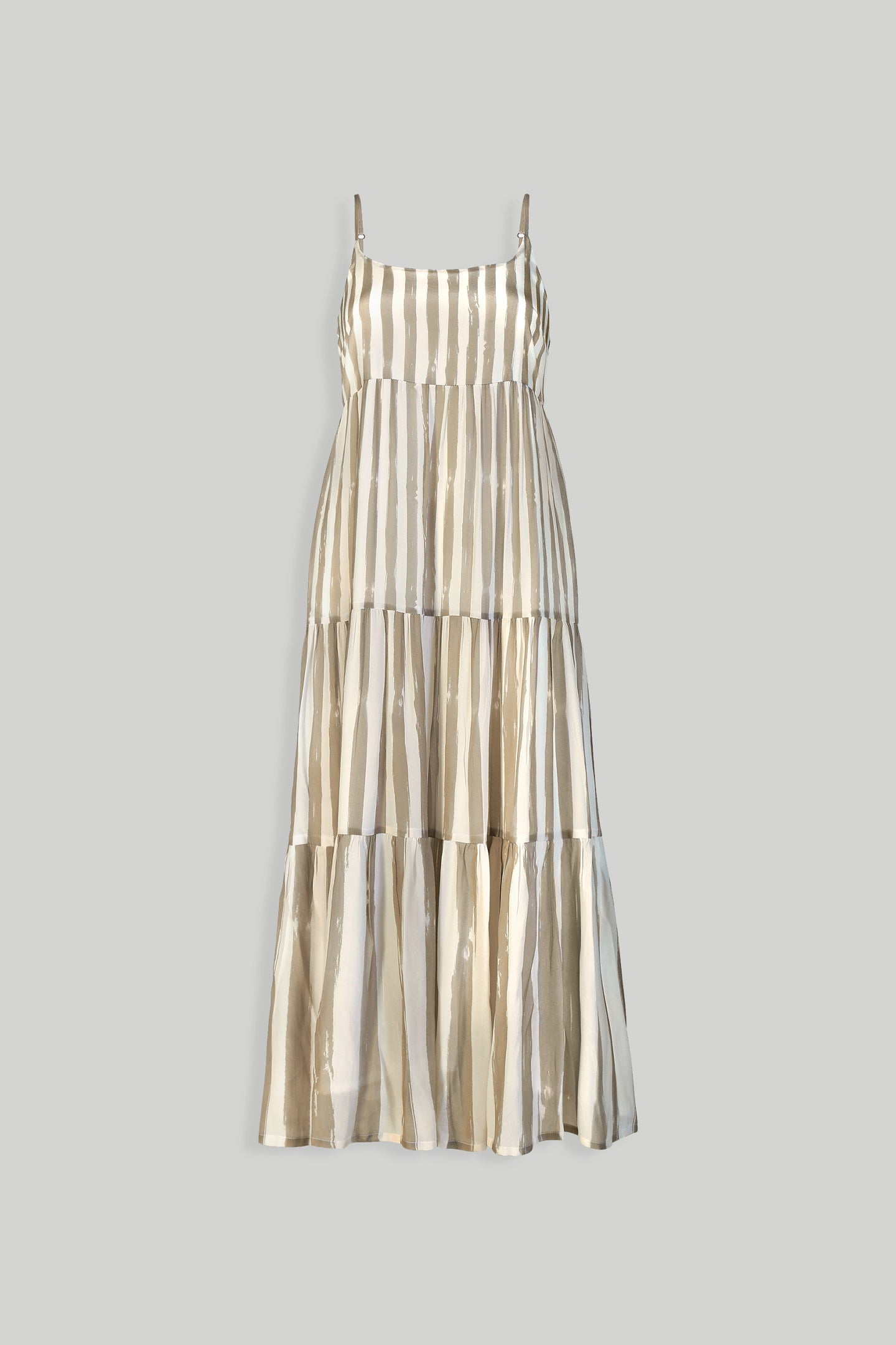 Strappy Tiered Maxi Dress in Beige Stripes Reistor Strappy Tiered Maxi Dress in Beige Stripes Reistor