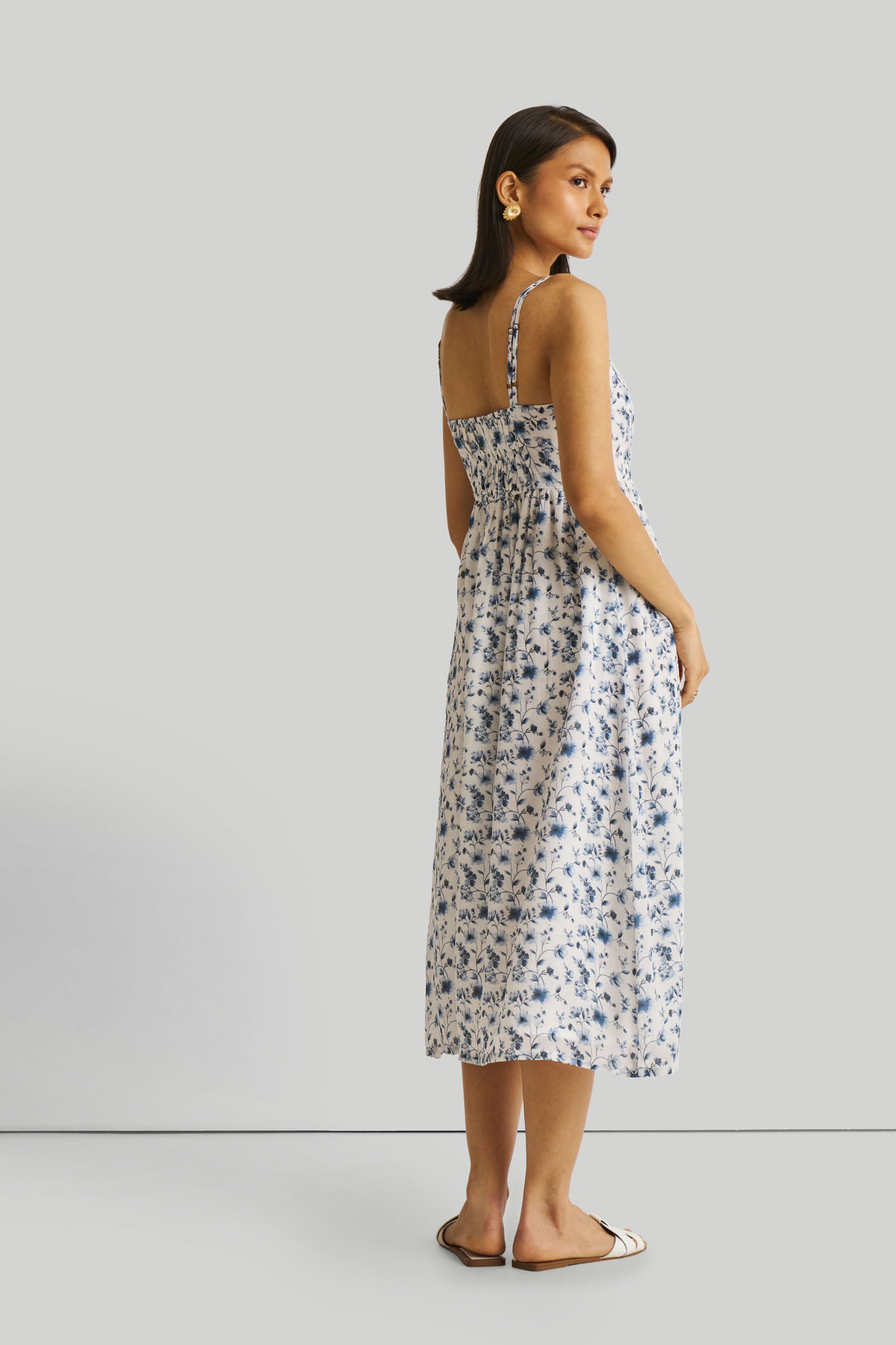 Strappy Gathered Blue Floral Midi Dress