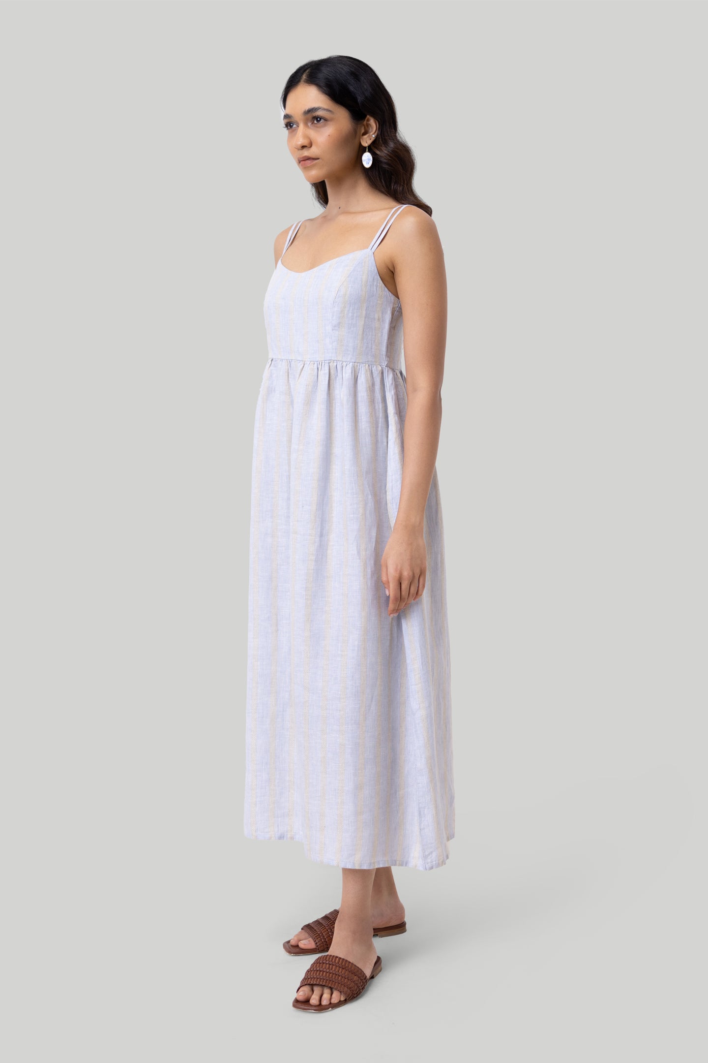 Strappy Gathered Midi Dress in Linen Stripes