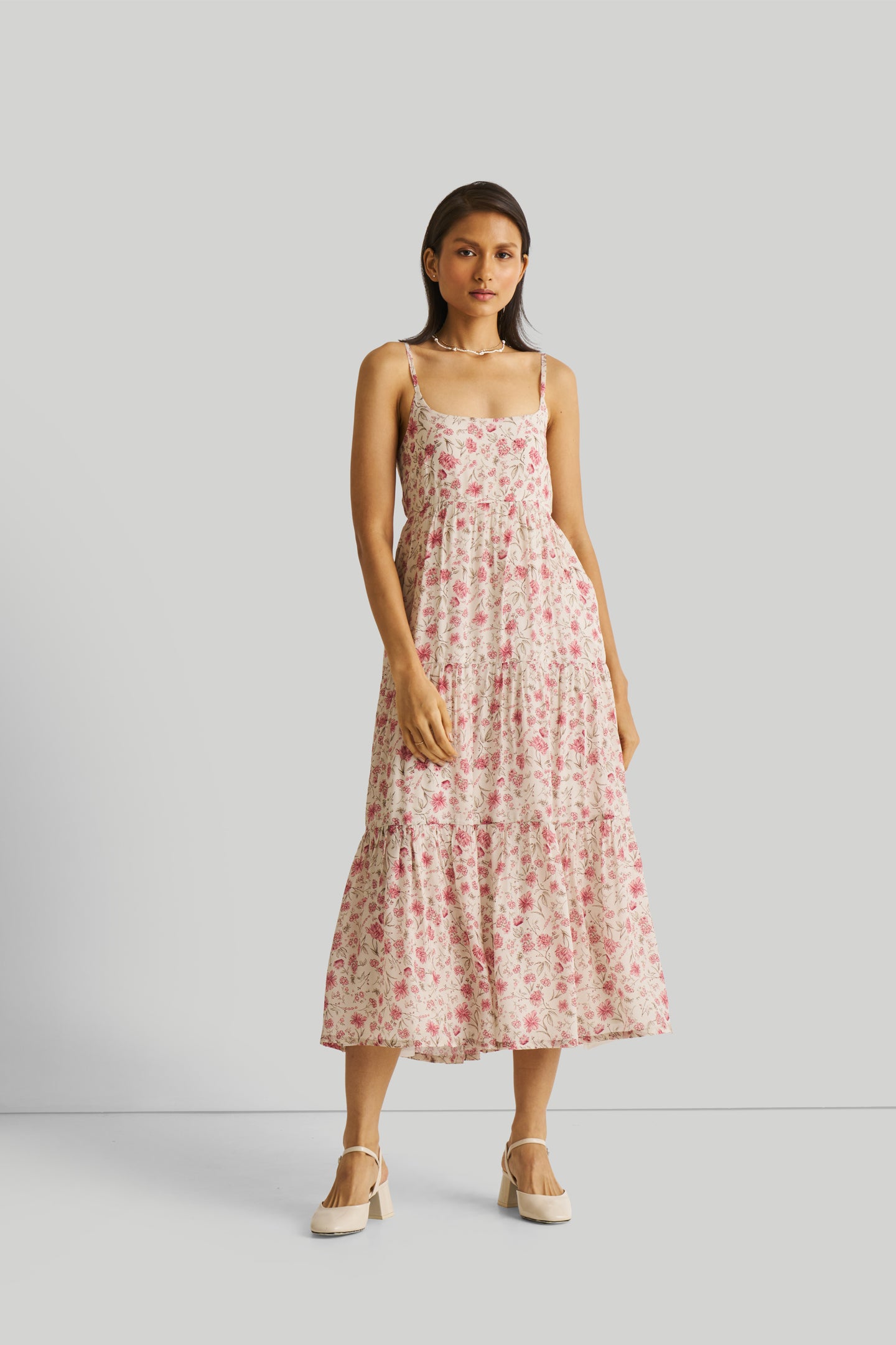 Strappy Tiered Maxi Dress in Pink Florals Reistor Strappy Tiered Maxi Dress in Pink Florals Reistor