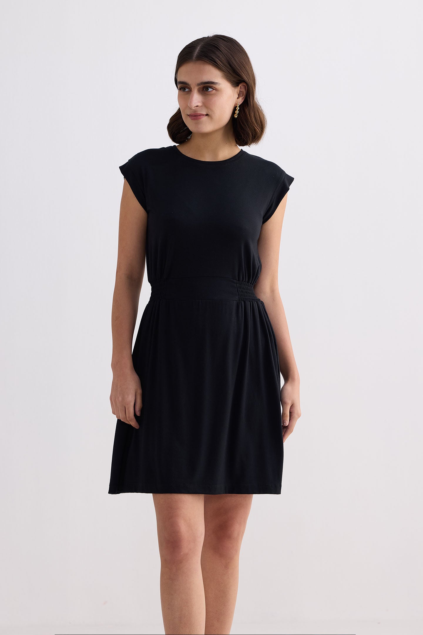 Short Dress With Smocking Side Detail in Black Front