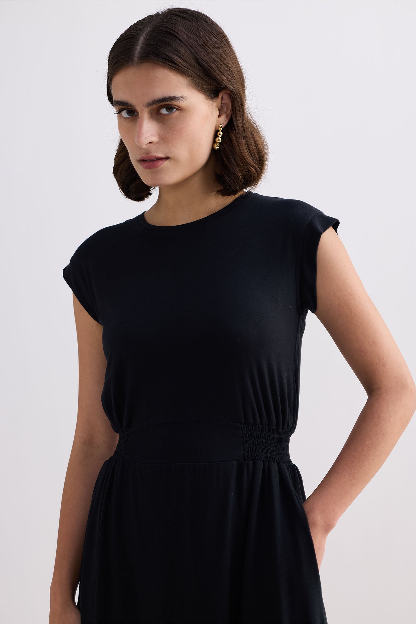 Short Dress With Smocking Side Detail in Black Closeup