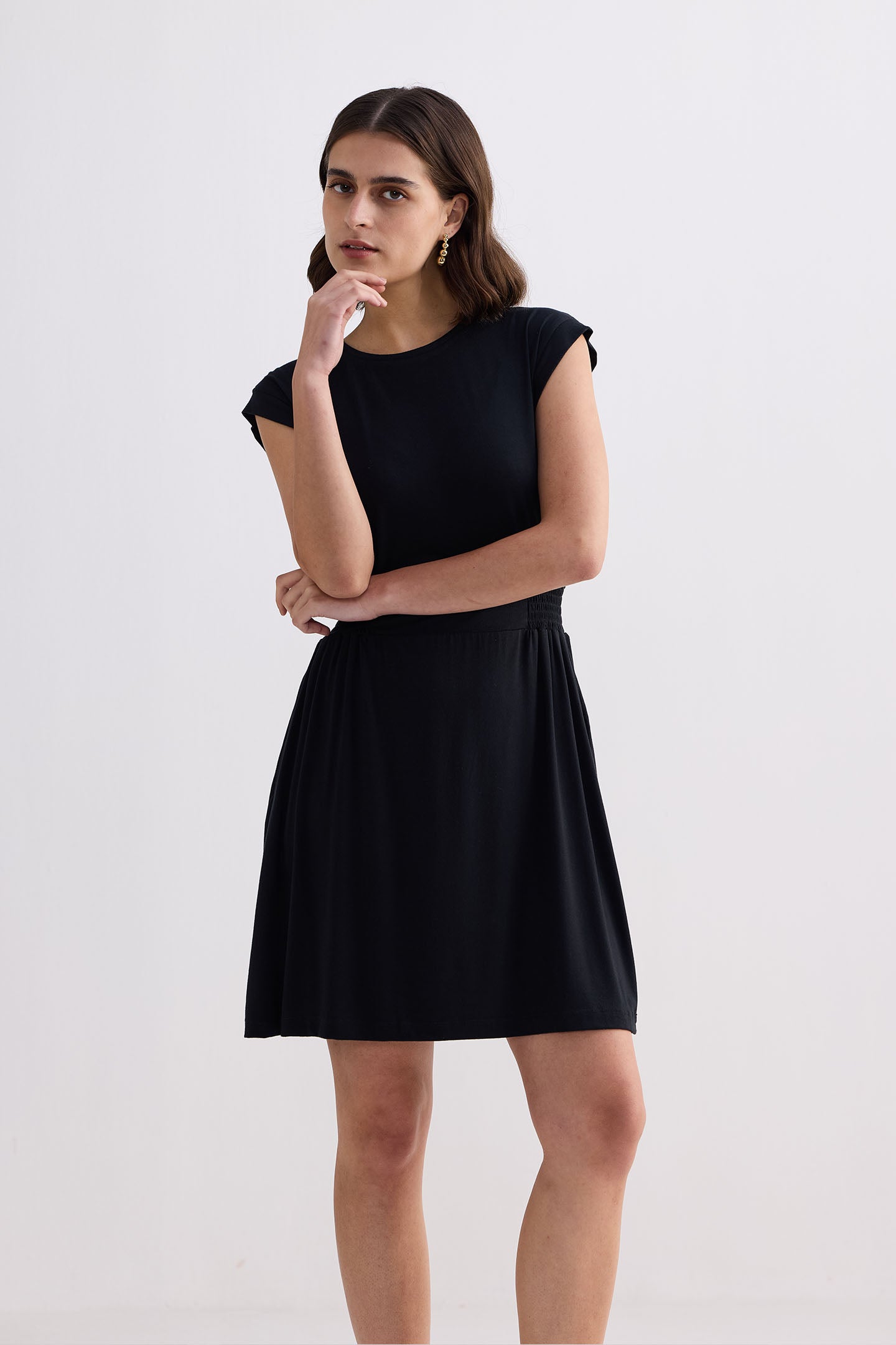 Short Dress With Smocking Side Detail in Black Moodshot