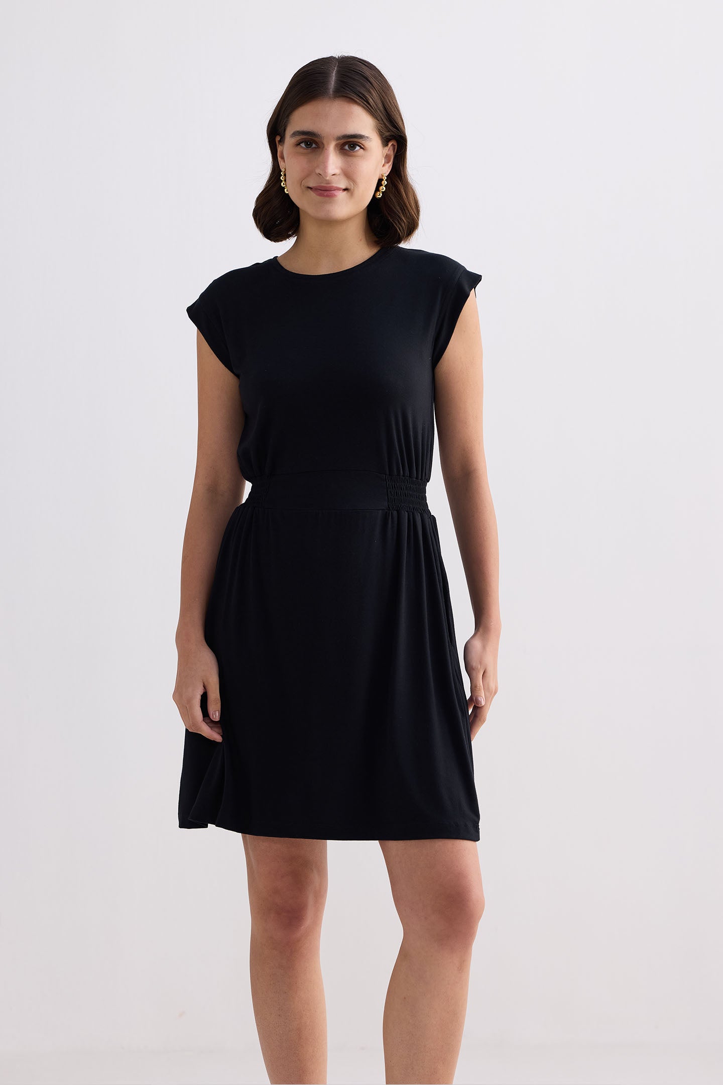 Short Dress With Smocking Side Detail in Black Front