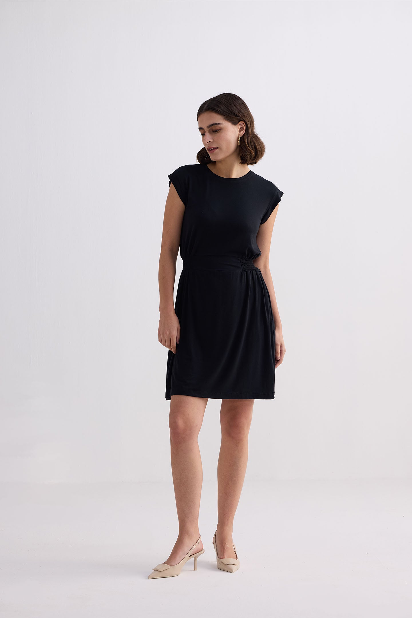 Short Dress With Smocking Side Detail in Black Front