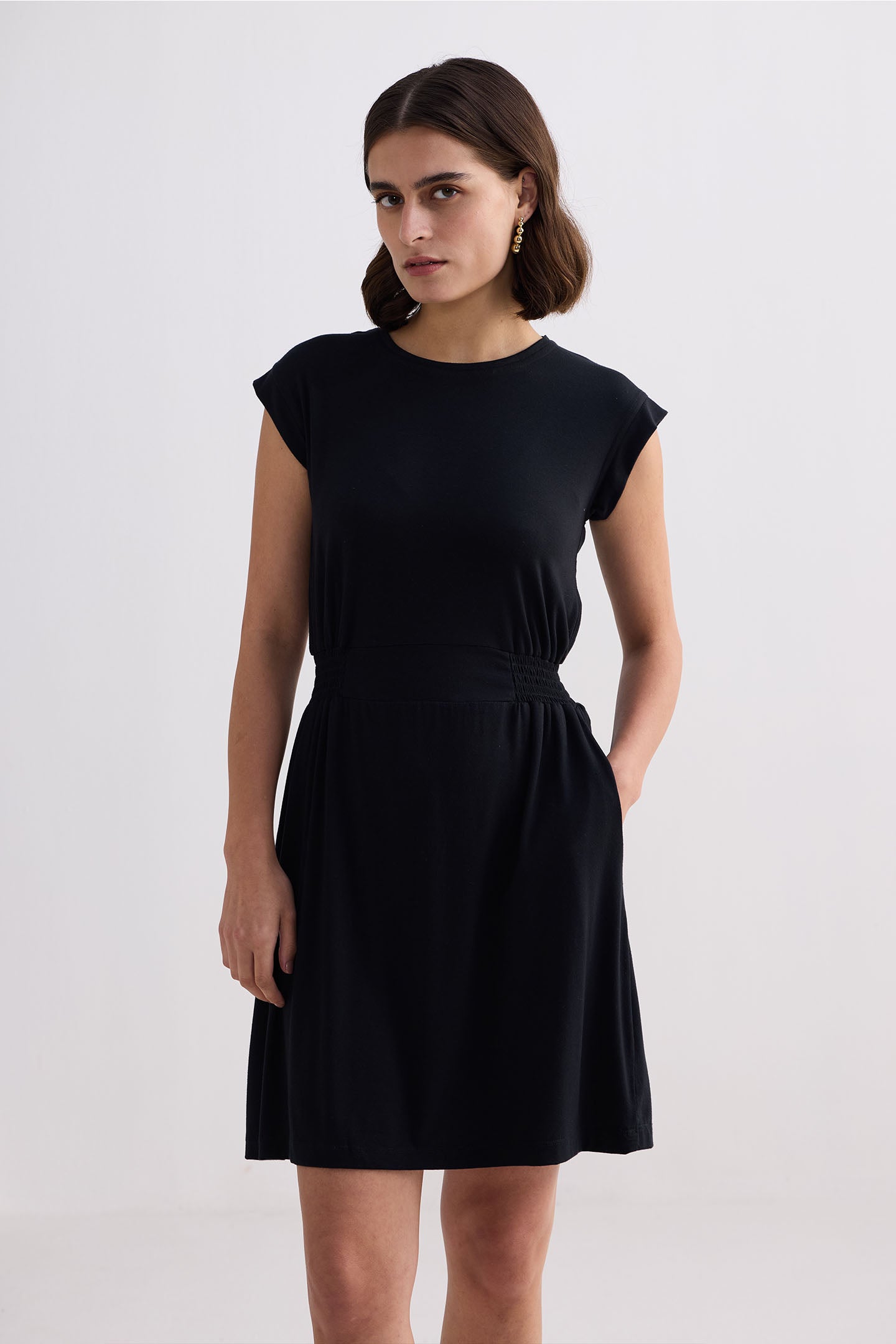 Short Dress With Smocking Side Detail in Black Front