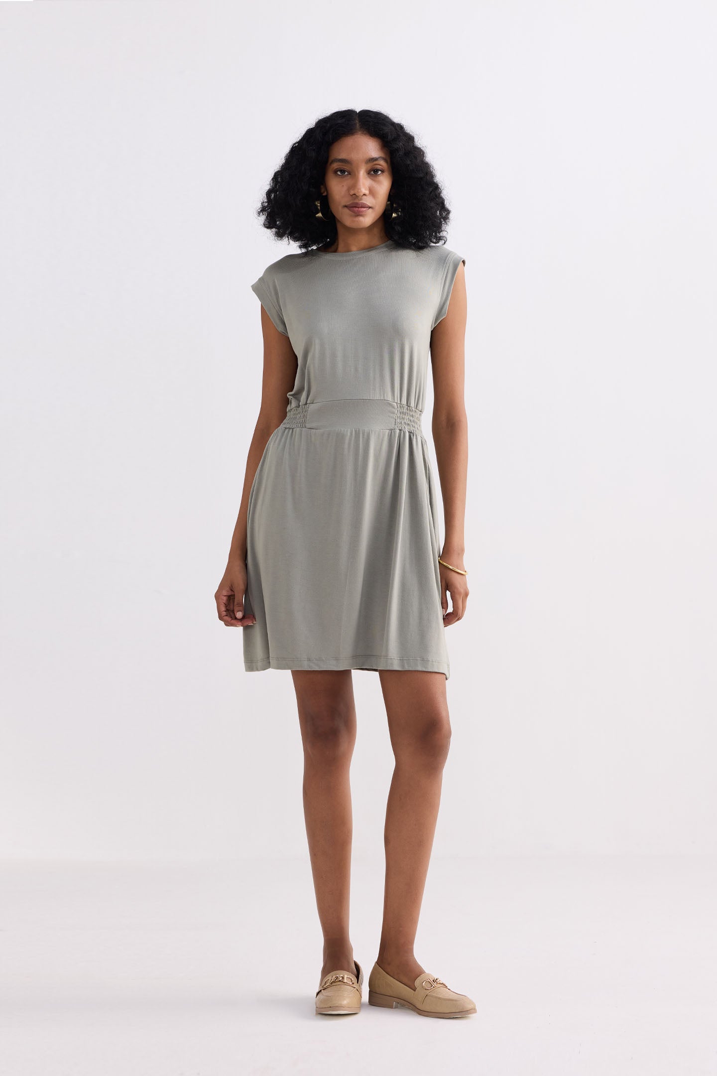 Short Dress With Smocking Side Detail in Light Olive