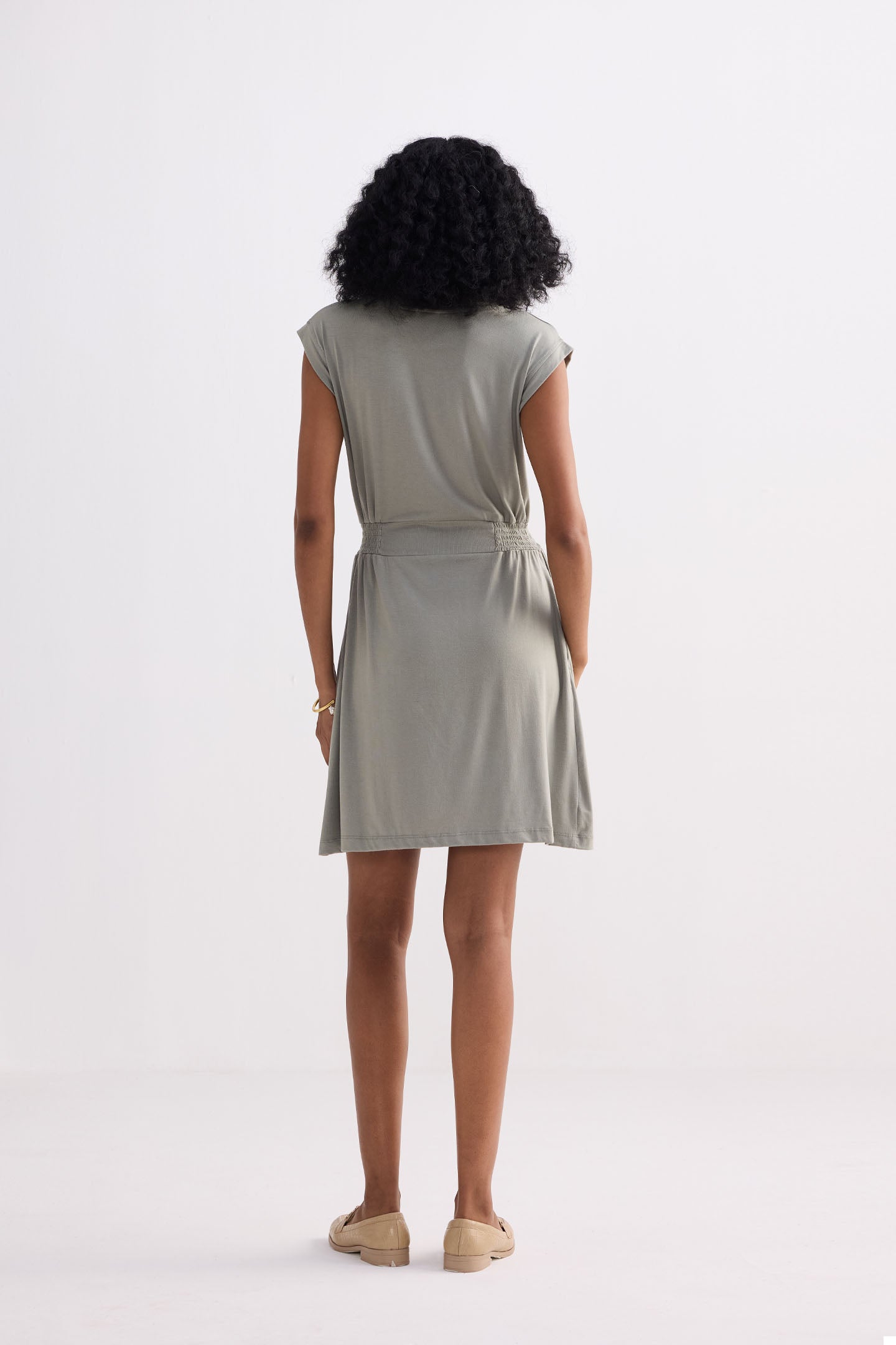 Short Dress With Smocking Side Detail in Light Olive Back