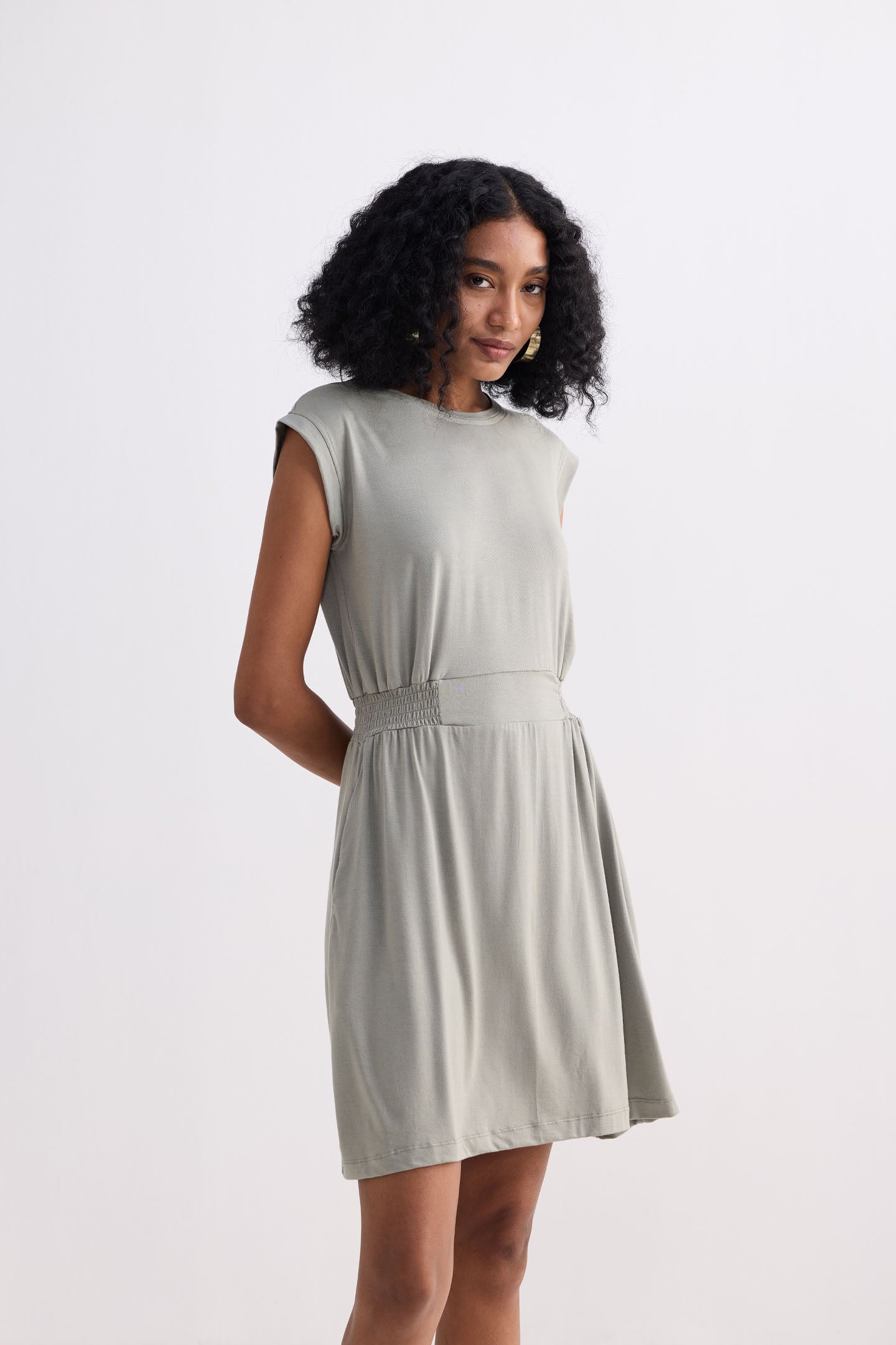 Short Dress With Smocking Side Detail in Light Olive Side